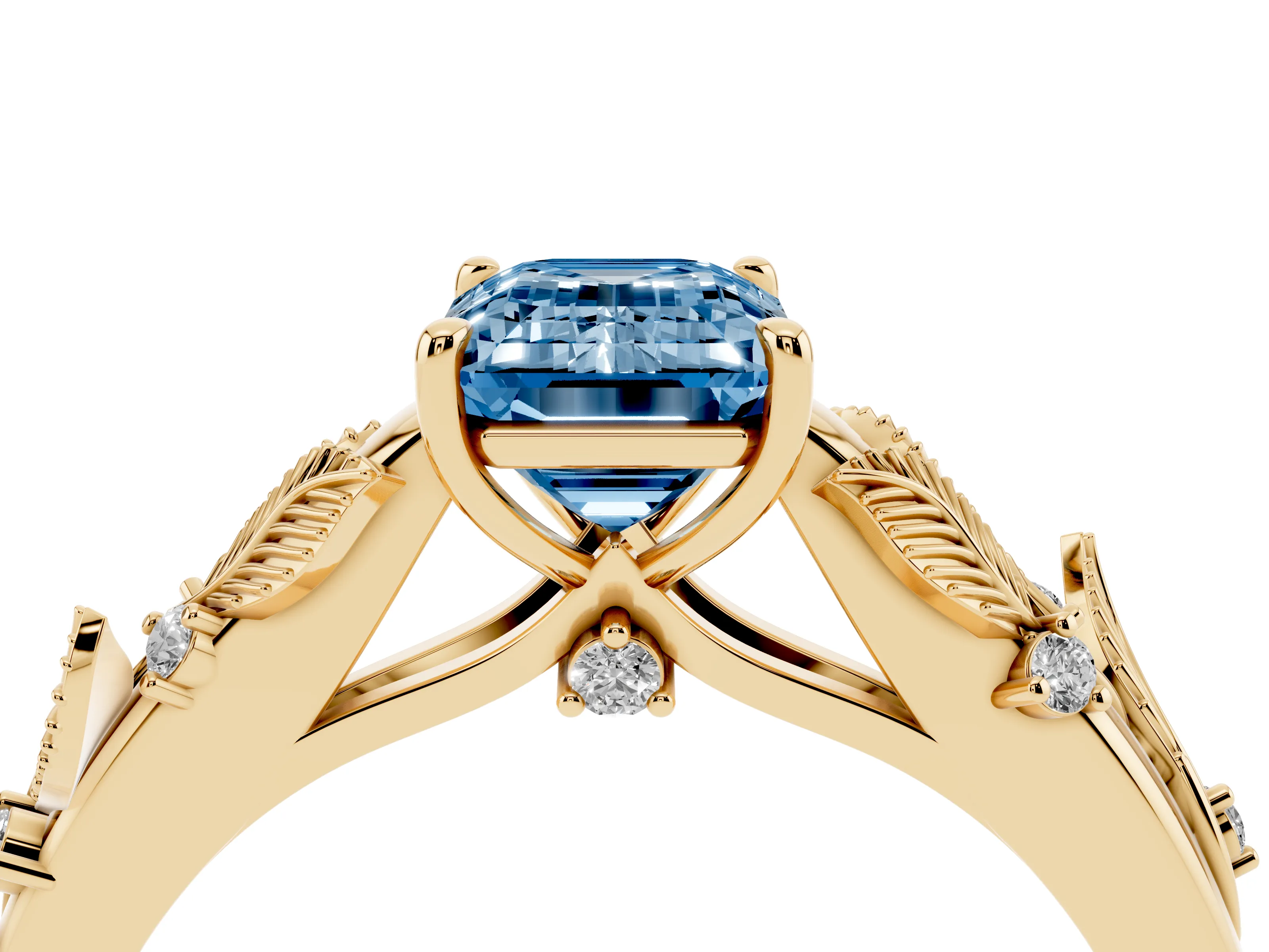 Fancy Blue Emerald Cut Diamond Solitaire Ring Set in Yellow gold with Leaf Motif Band