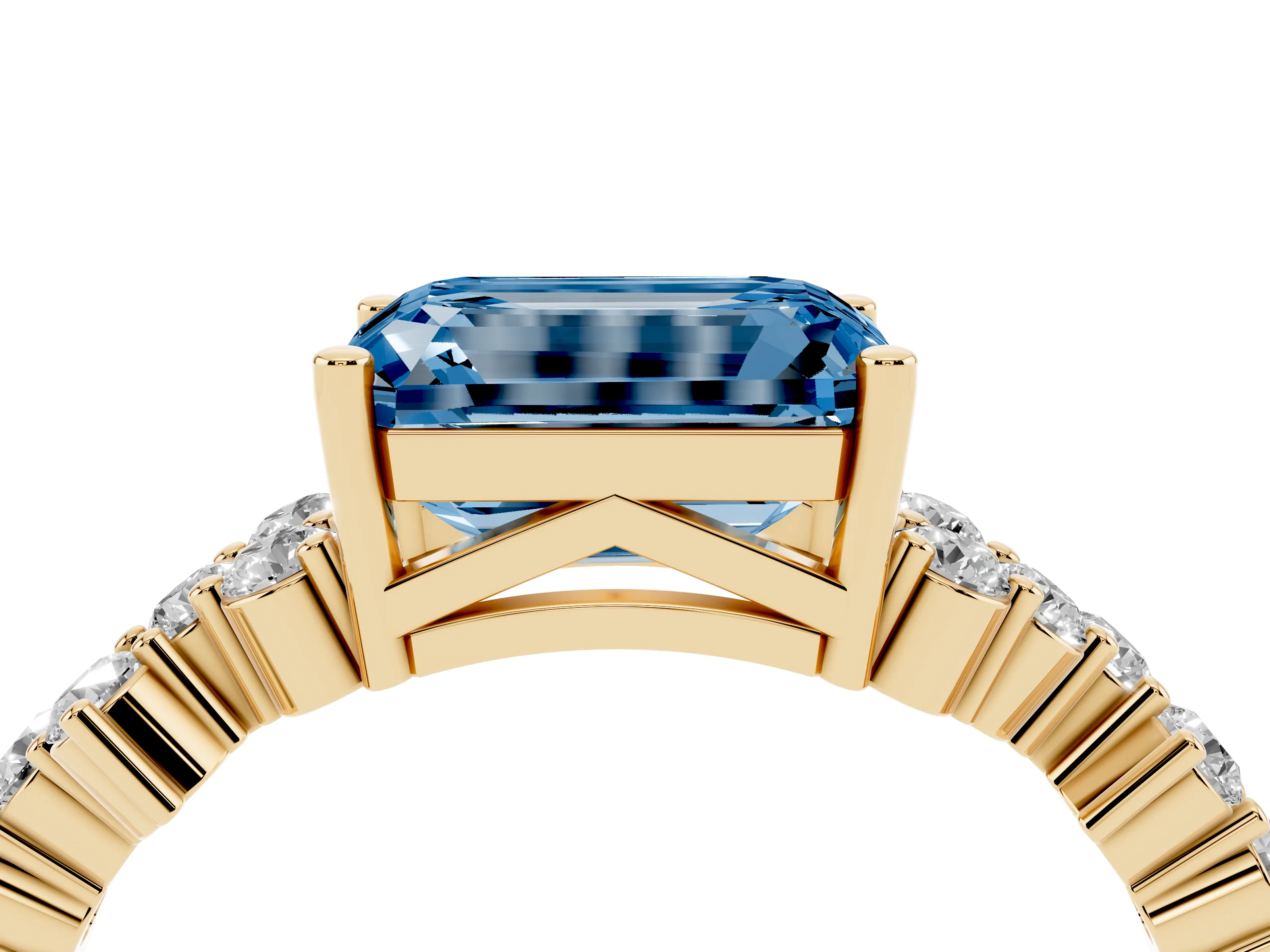 Fancy Blue Emerald Cut Diamond Ring Set in Yellow gold with Scattered Round Accents