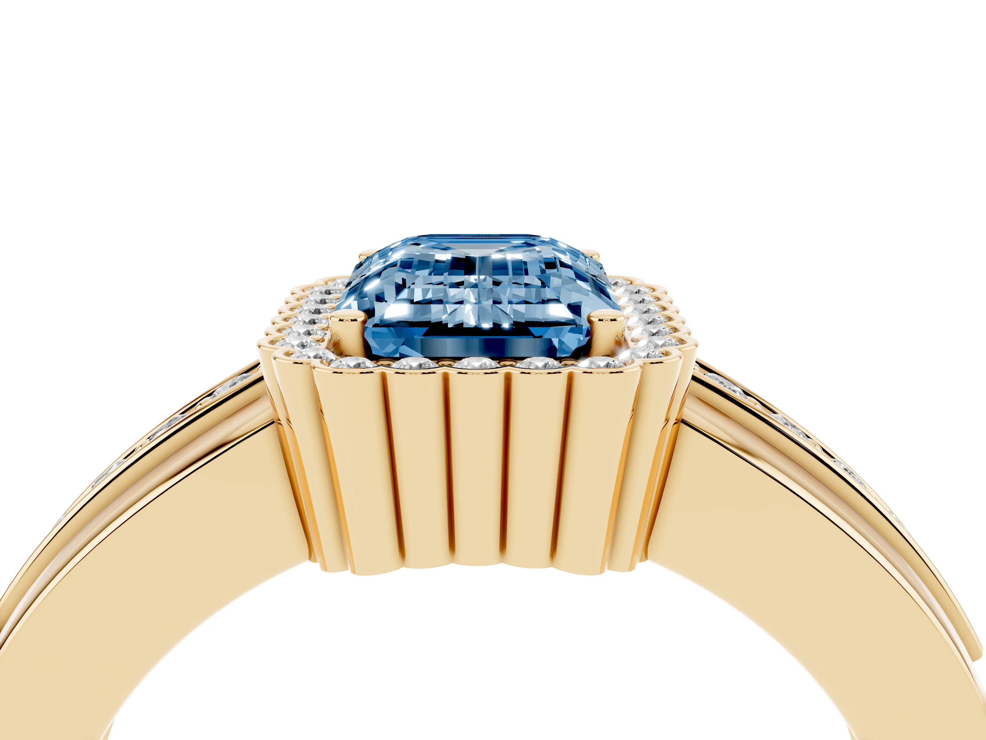 Fancy Blue Emerald Cut Diamond Halo Prong Ring Set in Yellow gold with Pavé Band