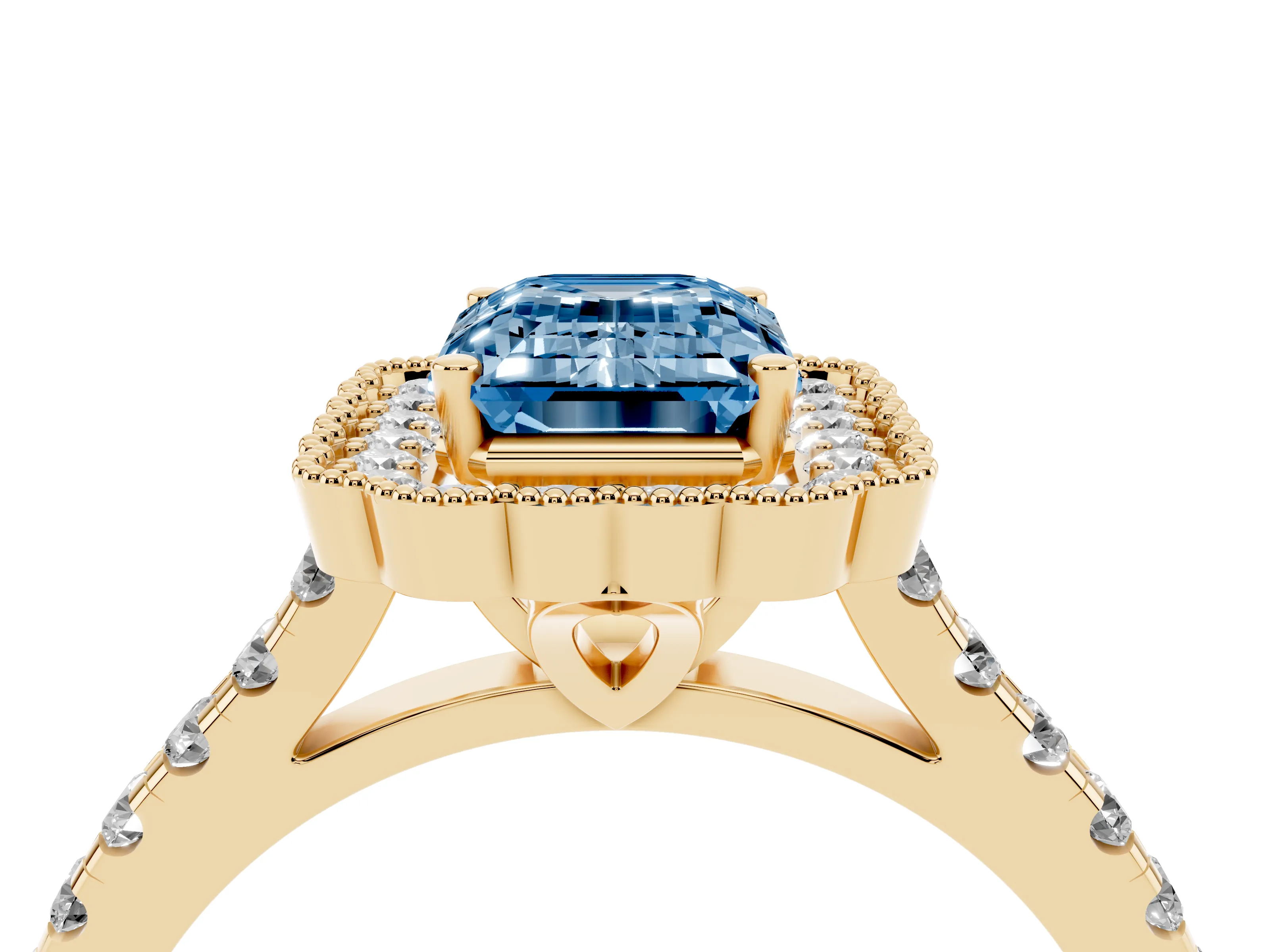 Fancy Blue Emerald Cut Diamond Milgrain Floral Halo Engagement Ring Set in Yellow gold with Pavé Band