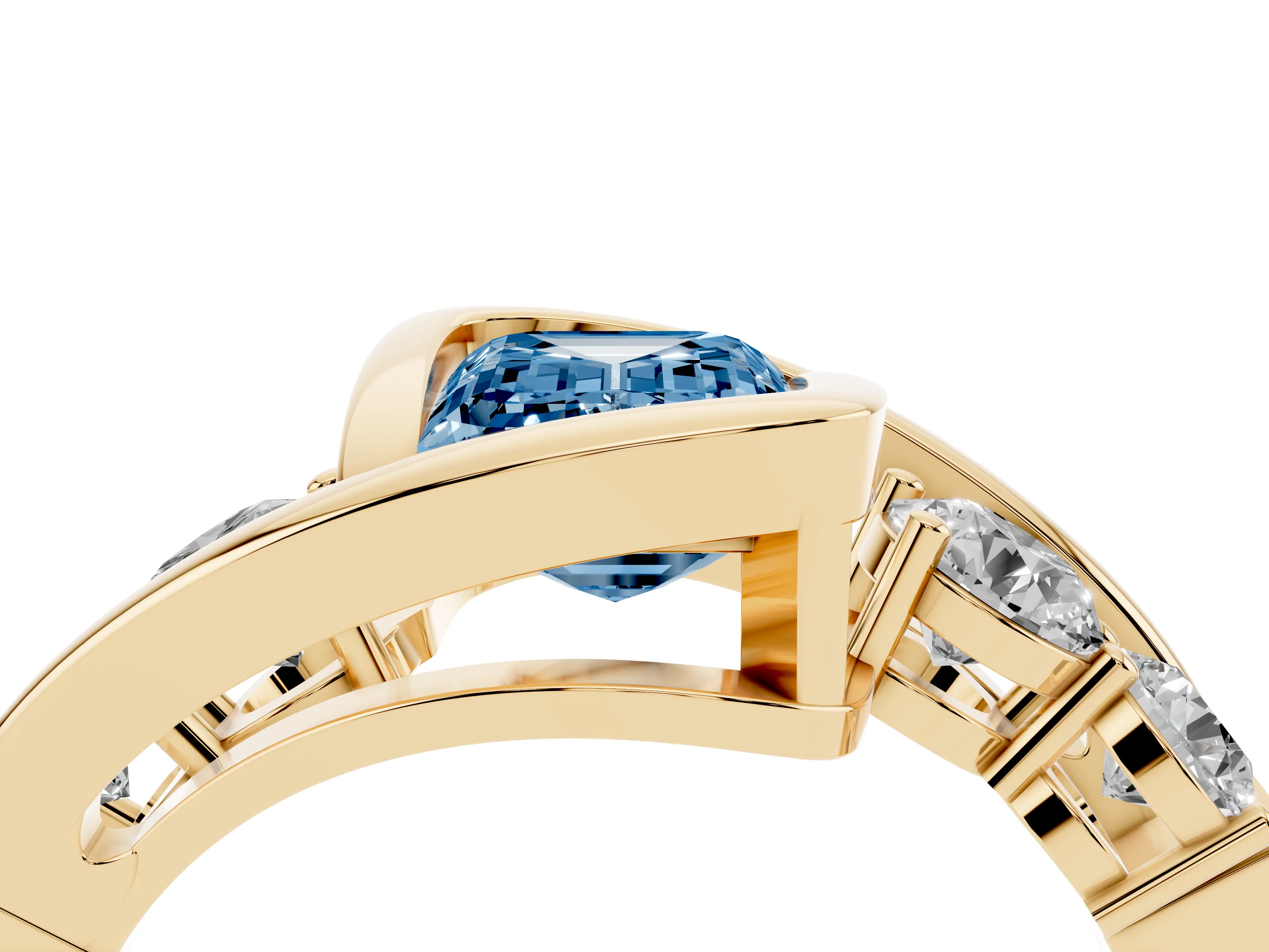Fancy Blue Emerald Cut Diamond Bezel Bypass Ring Set in Yellow gold with Round Accents
