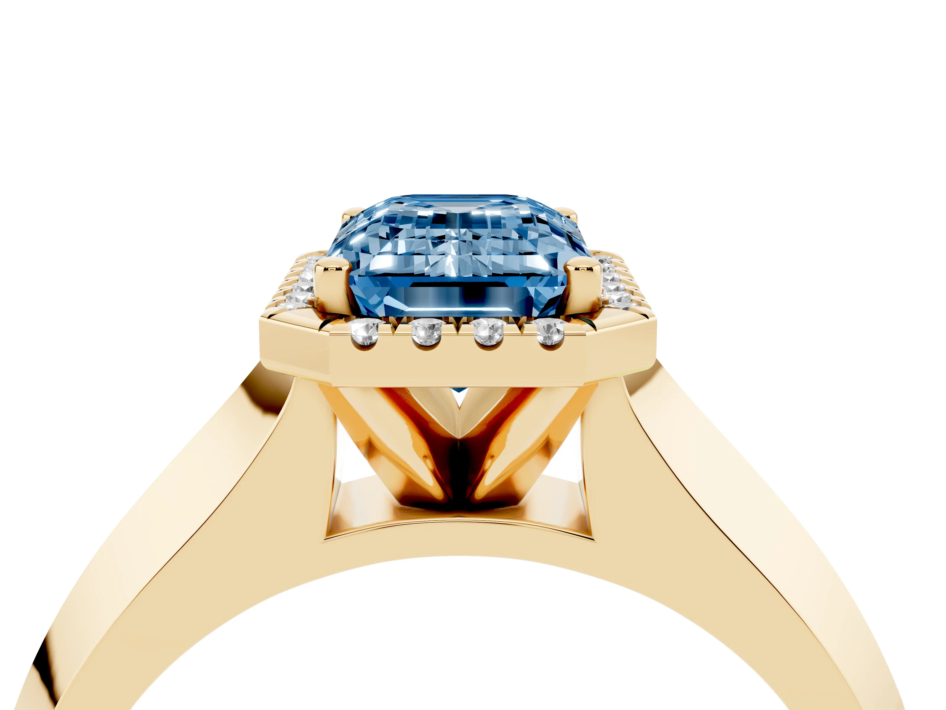 Fancy Blue Emerald Cut Diamond Halo Ring Set in Yellow gold with Cathedral Band and Prong Setting