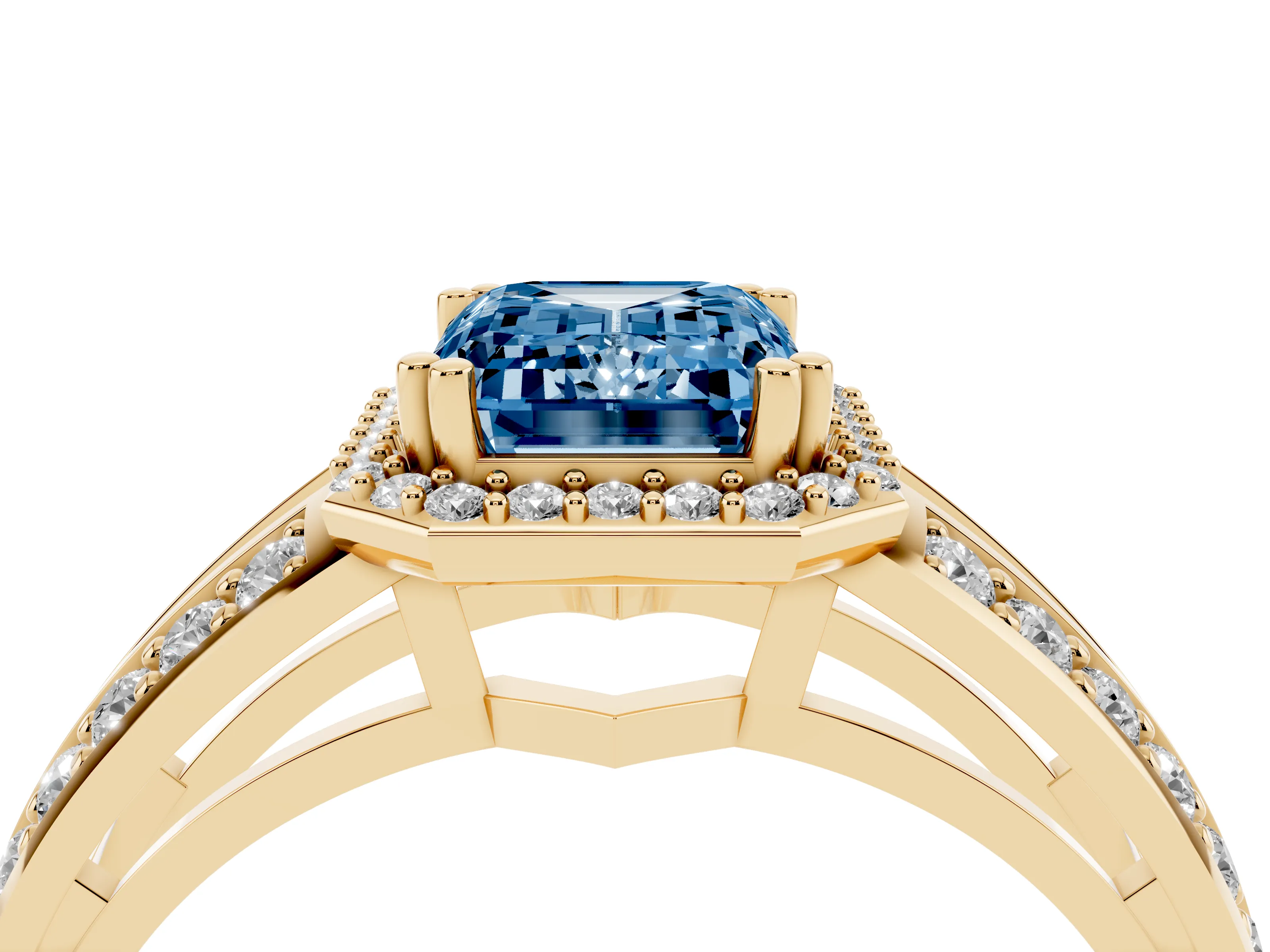 Fancy Blue Emerald Cut Diamond Halo Ring Set in Yellow gold with Double Pavé Split Shank