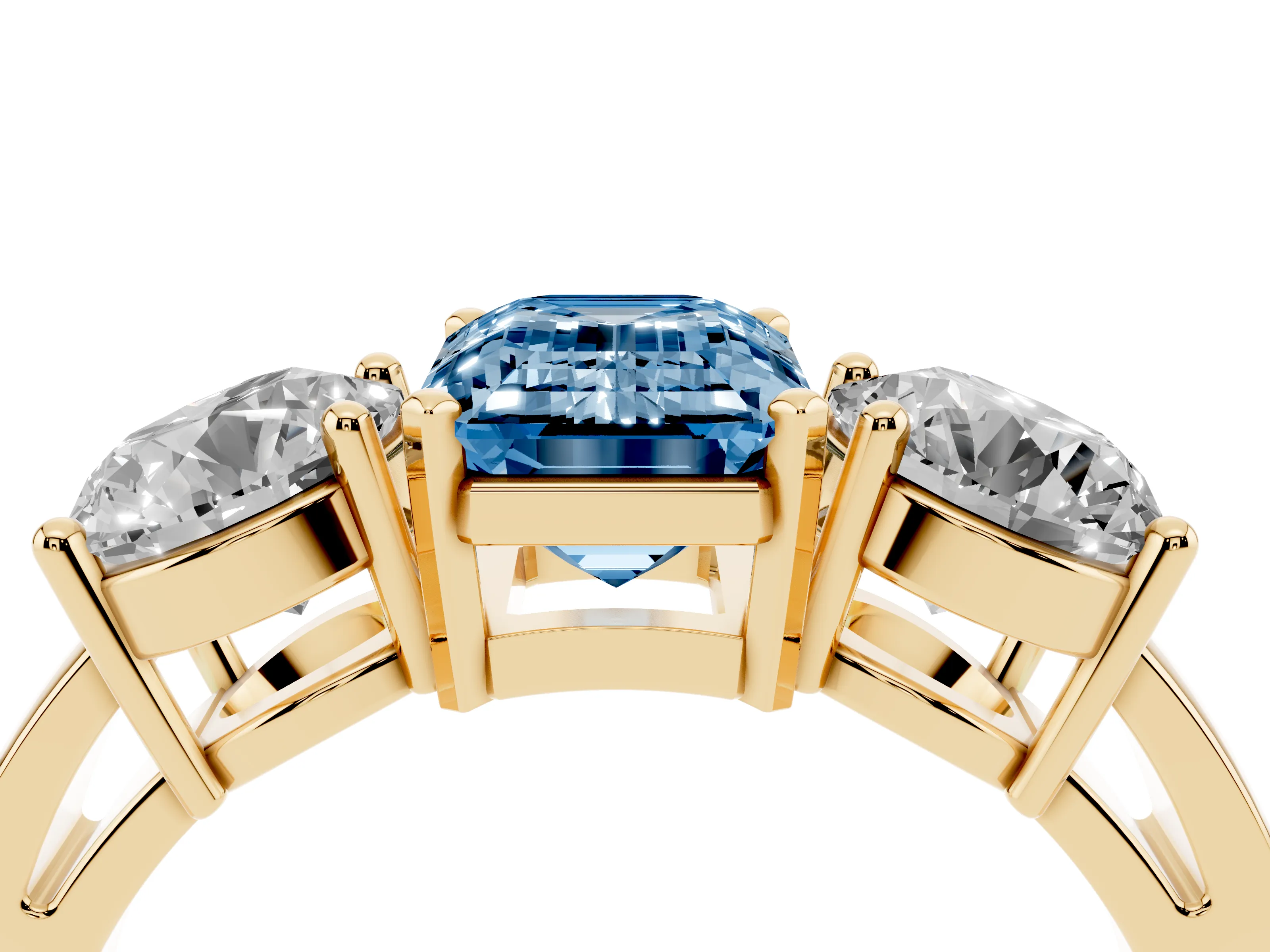 Fancy Blue Emerald Cut Diamond Three-Stone Ring Set in Yellow gold with Round Side Stones and Classic Band