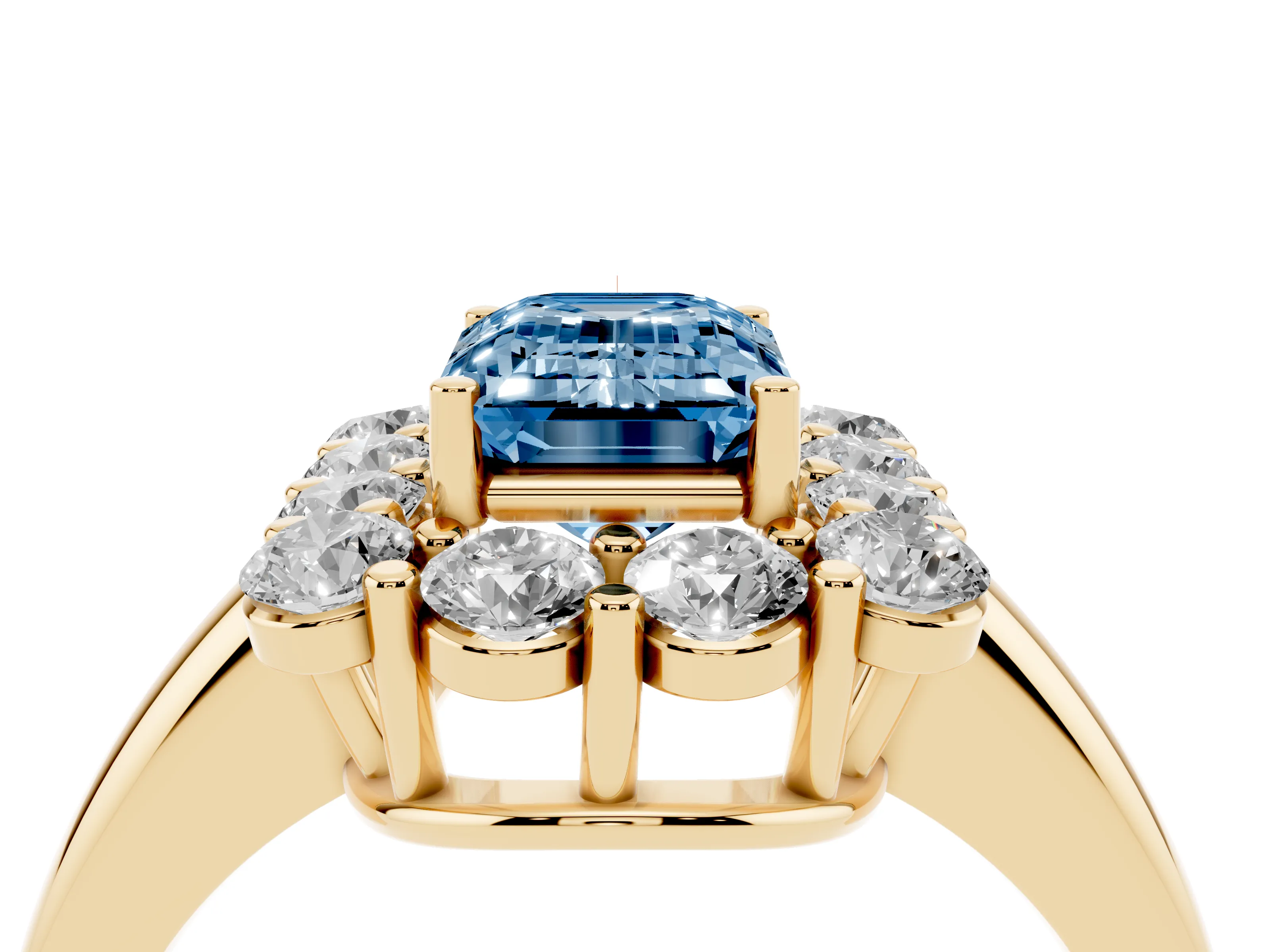 Fancy Blue Emerald Cut Diamond Halo Cluster Engagement Ring Set in Yellow gold with Polished Band and Prong Setting