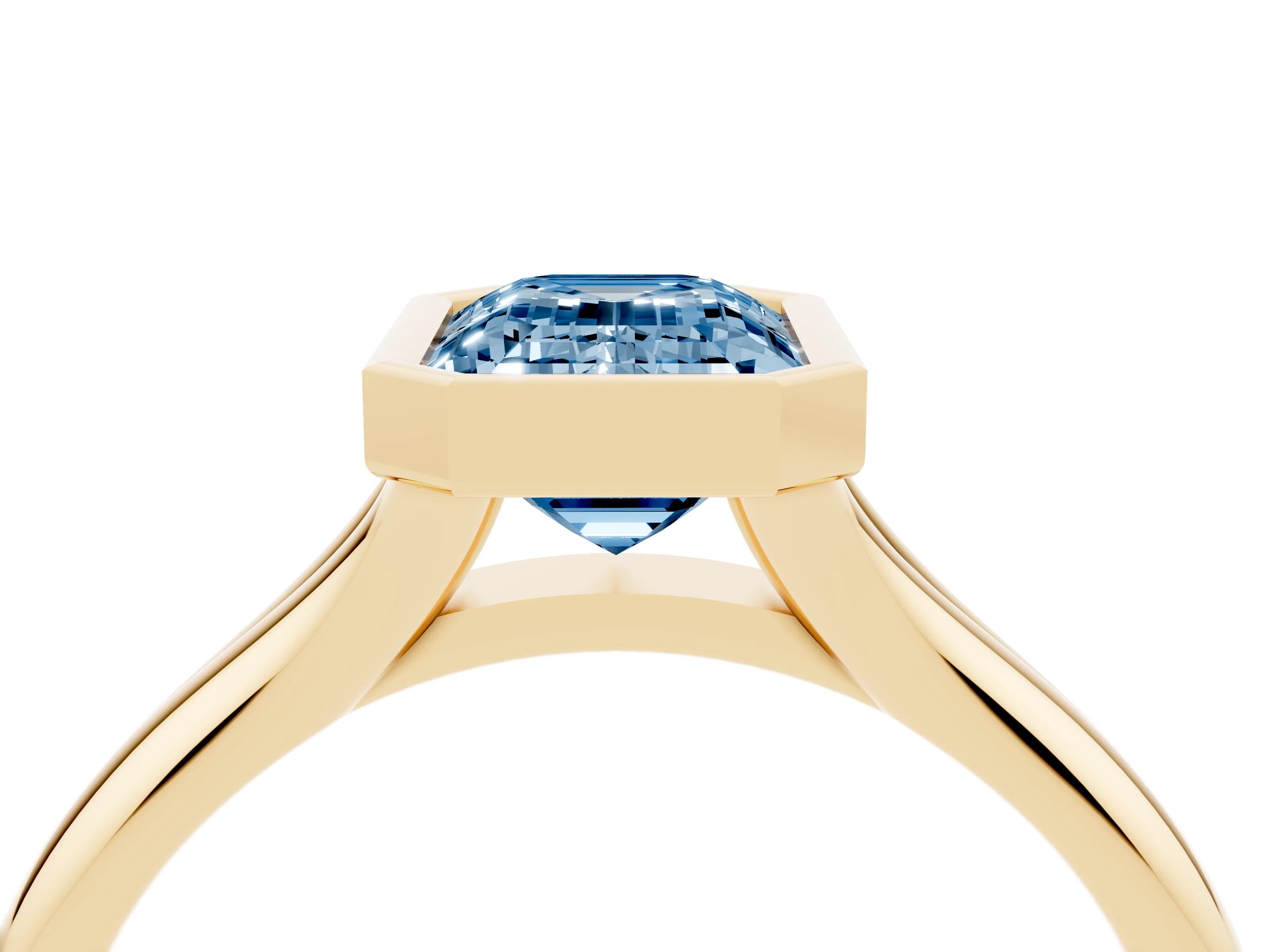 Fancy Blue Bezel Set Emerald Cut Diamond Solitaire Ring Set in Yellow gold with Smooth Band