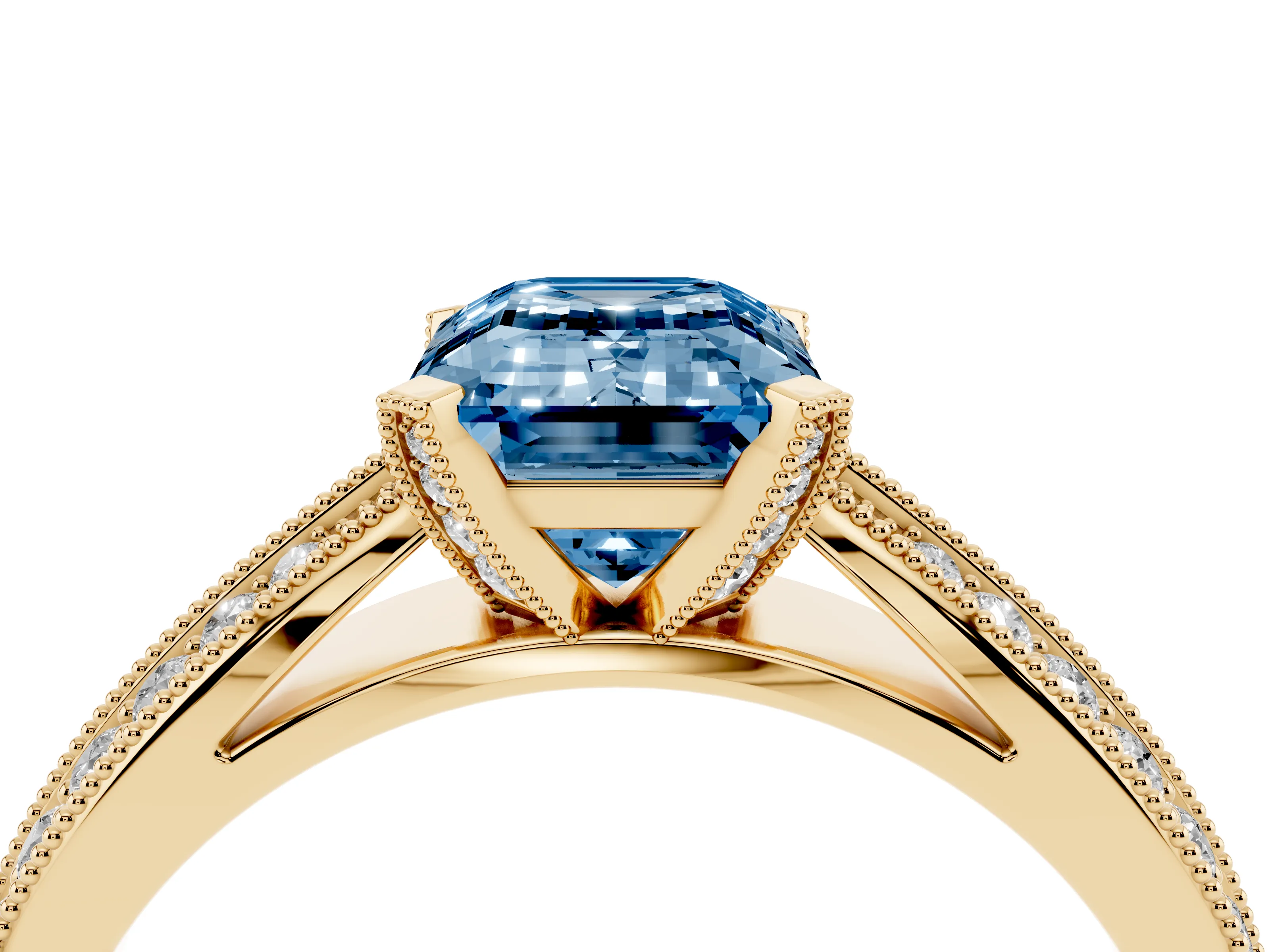 Fancy Blue Emerald Cut Diamond Solitaire Ring Set in Yellow gold with Milgrain Double Row Round Pavé Band