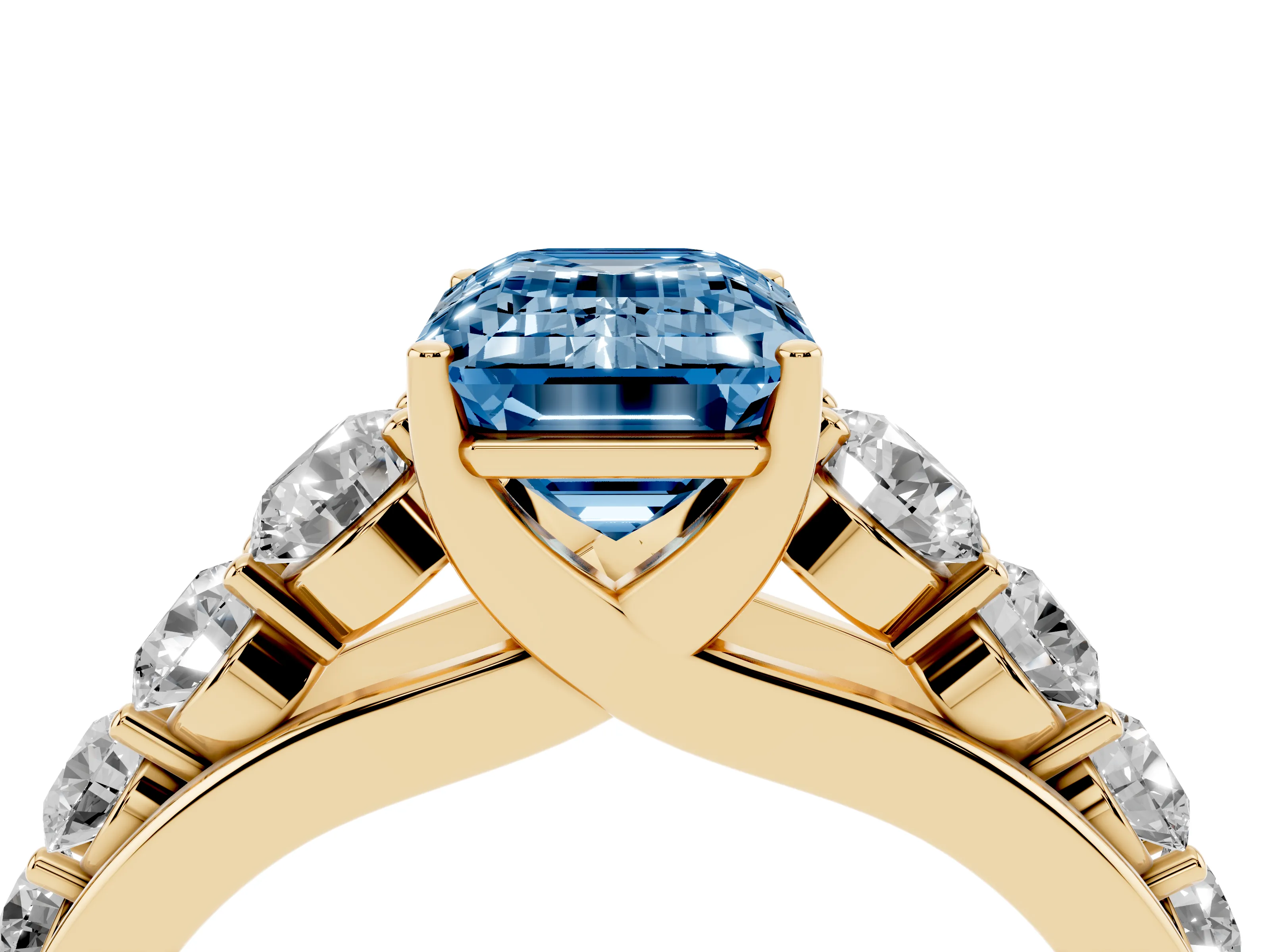 Fancy Blue Emerald Cut Diamond Solitaire Ring Set in Yellow gold with Pavé-Set Band and Prong Setting