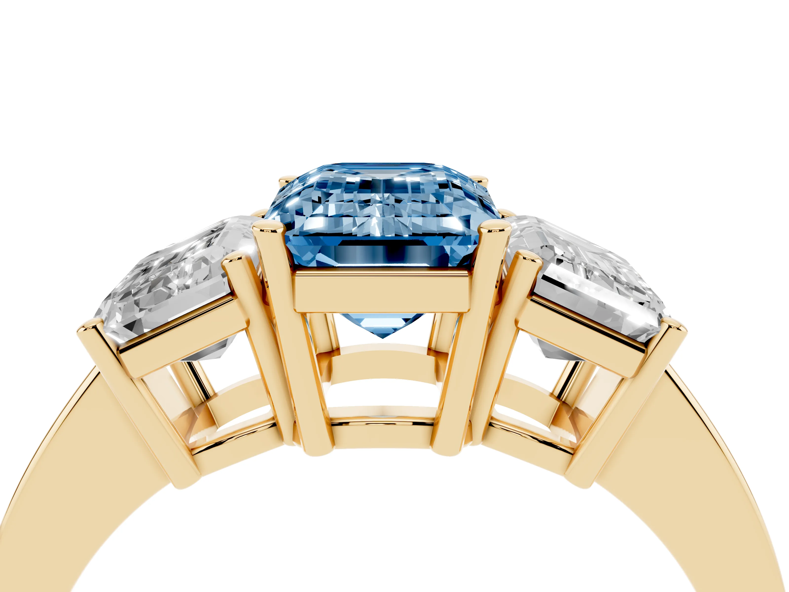 Fancy Blue Emerald Cut Diamond Three-Stone Engagement Ring Set in Yellow gold with Flat Band