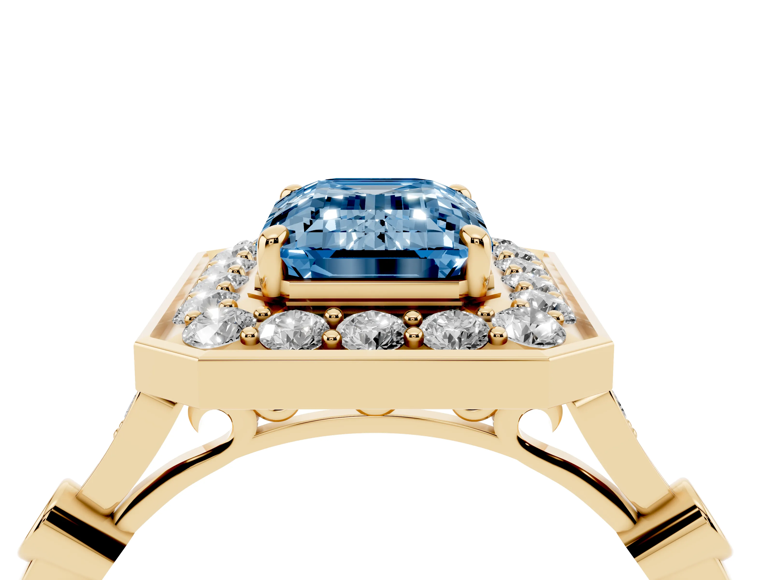 Fancy Blue Emerald Cut Diamond Halo Engagement Ring Set in Yellow gold with Twisted Band and Prong Setting