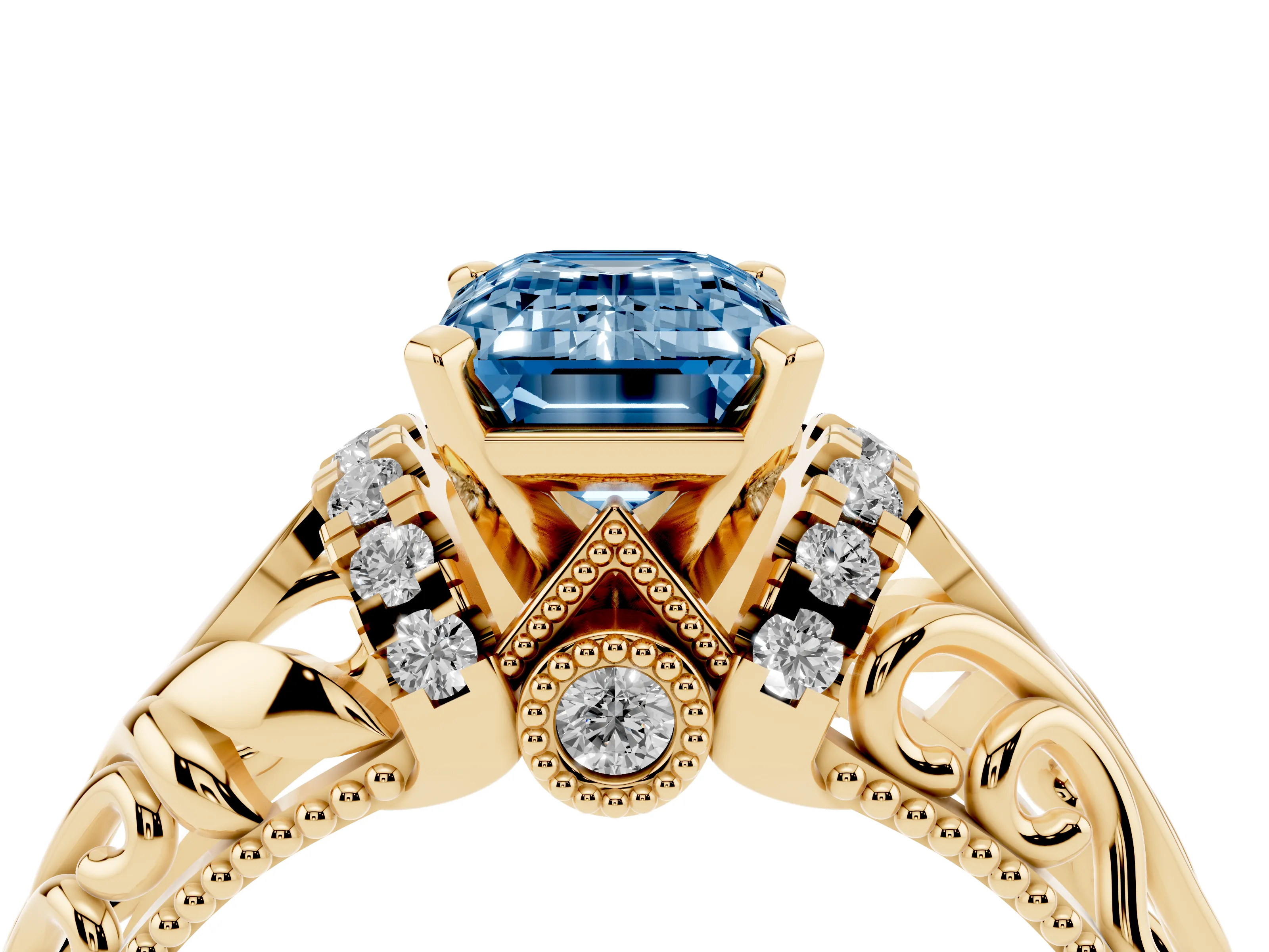 Fancy Blue Emerald Cut Diamond Filigree Halo Engagement Ring Set in Yellow gold with Prong Setting