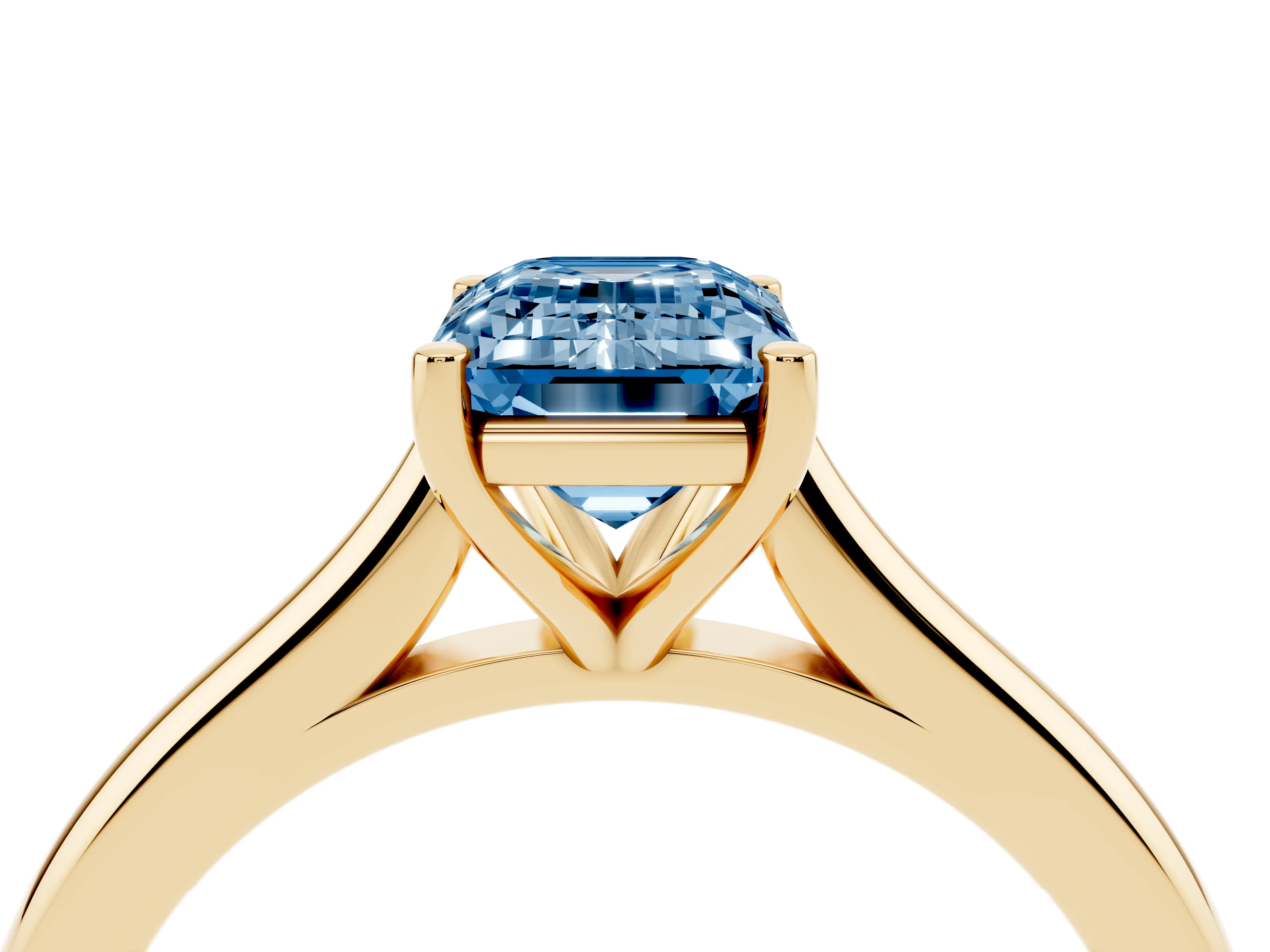 Fancy Blue Emerald Cut Diamond Solitaire Ring Set in Yellow gold with Cathedral Band and Prong Setting