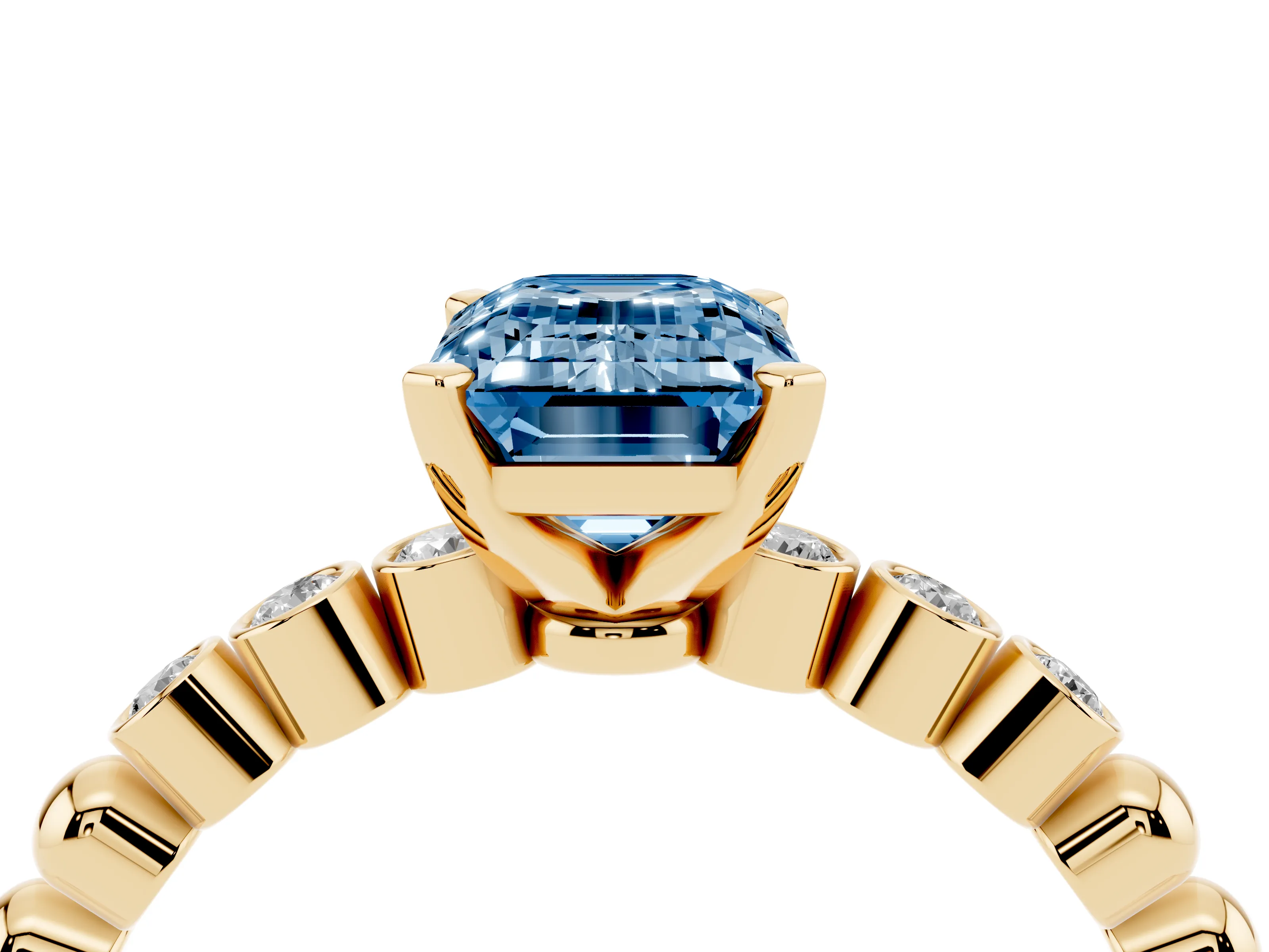 Fancy Blue Emerald Cut Diamond Solitaire Engagement Ring Set in Yellow gold with Bezel Accents on Beaded Band