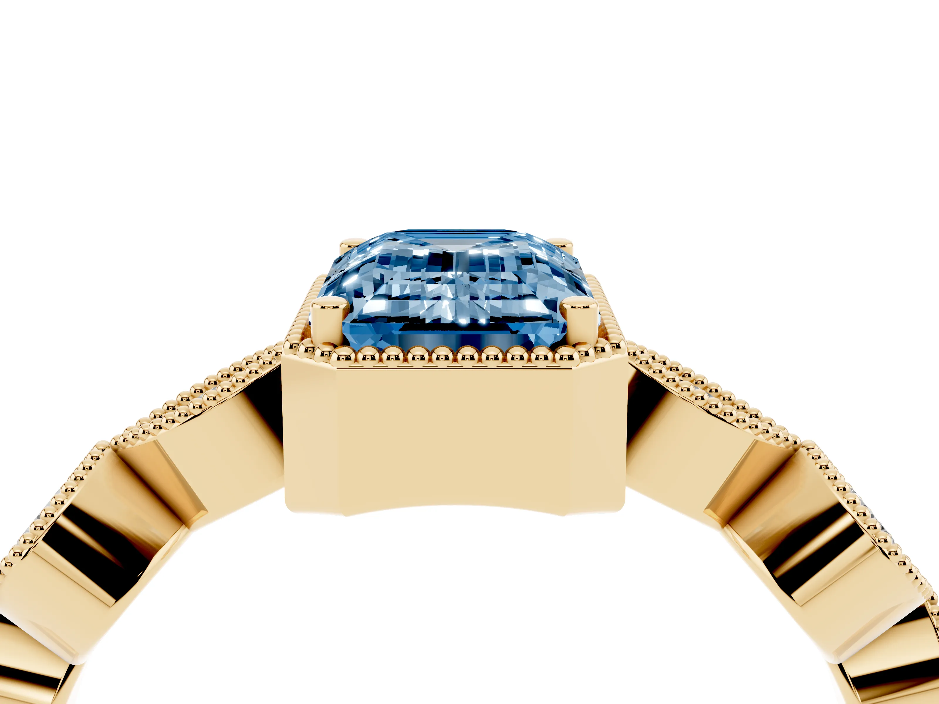 Fancy Blue Emerald Cut Diamond Vintage-Inspired Milgrain Ring Set in Yellow gold with Marquise Stations of Round Accents