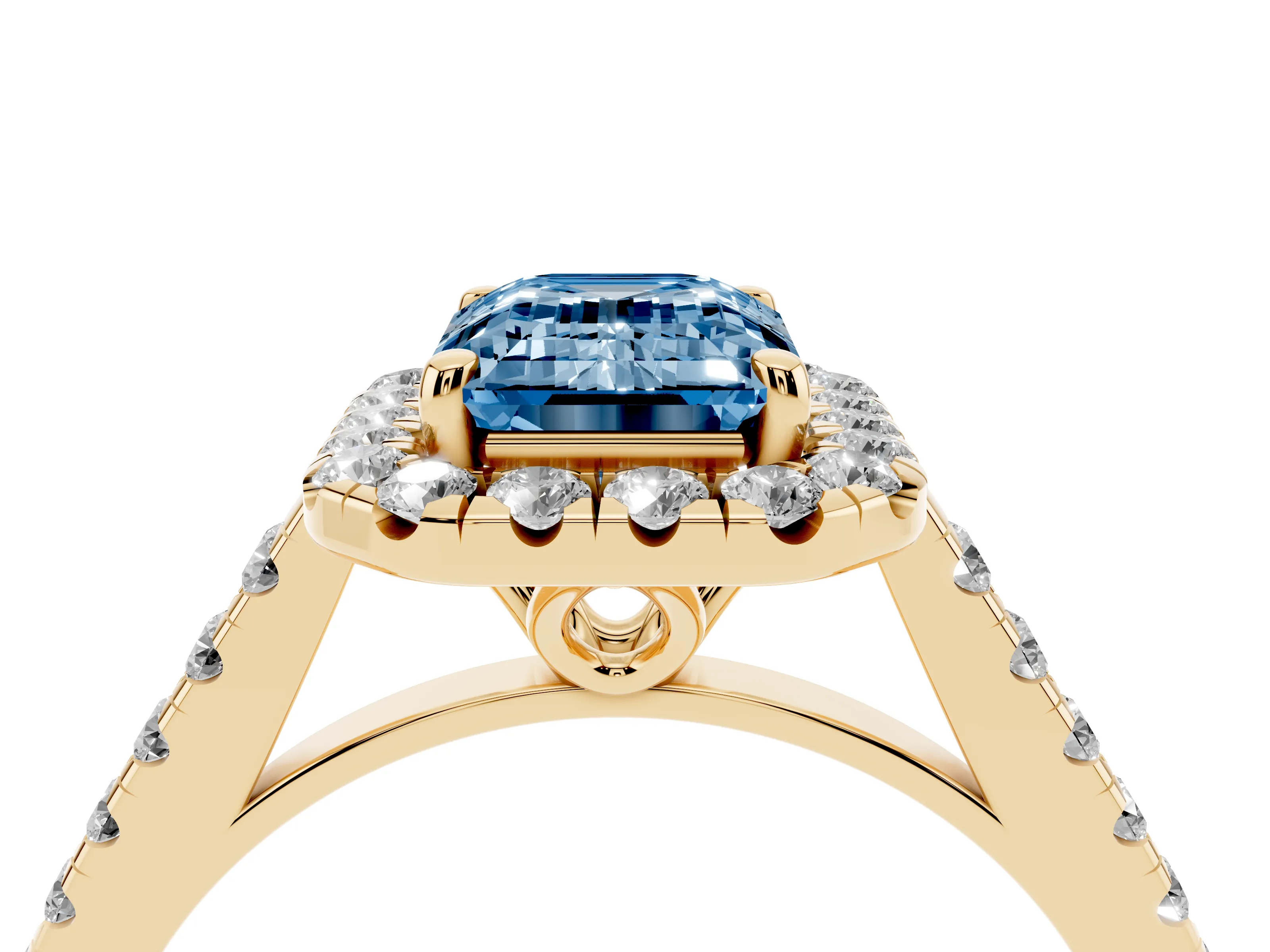Fancy Blue Emerald Cut Diamond Pavé Halo Engagement Ring Set in Yellow gold with Pavé Band and Prong Setting