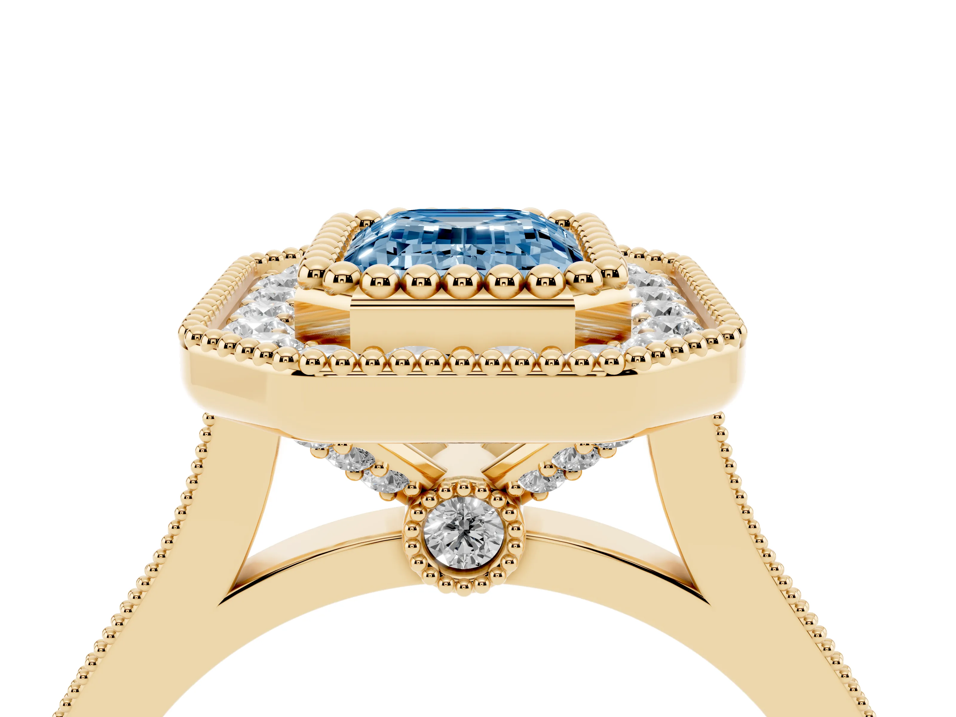 Fancy Blue Emerald Cut Diamond Halo Ring Set in Yellow gold with Milgrain Frame and Pavé Band