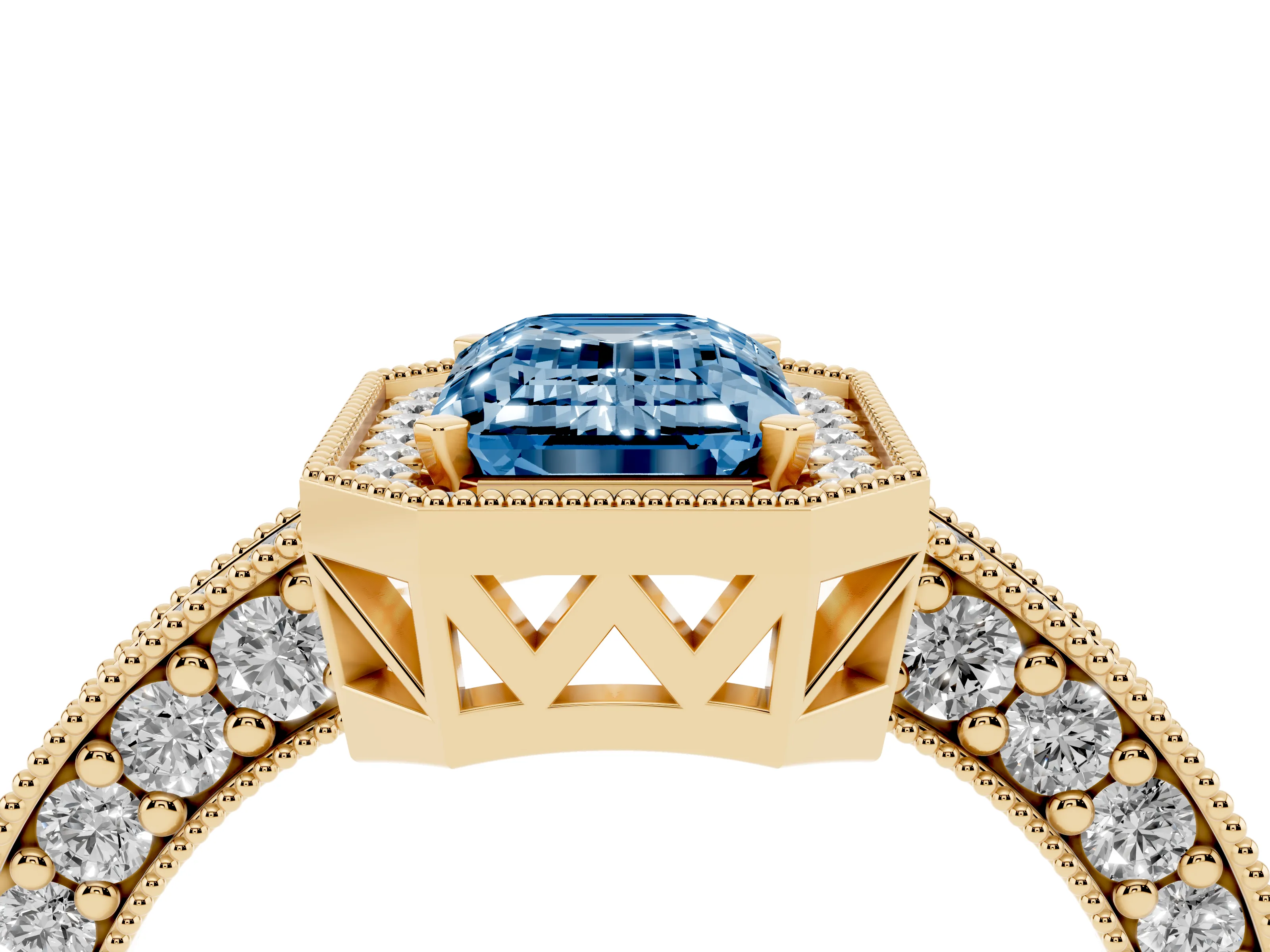 Fancy Blue Emerald Cut Diamond Halo Pavé Band Ring Set in Yellow gold with Prong-Set Center