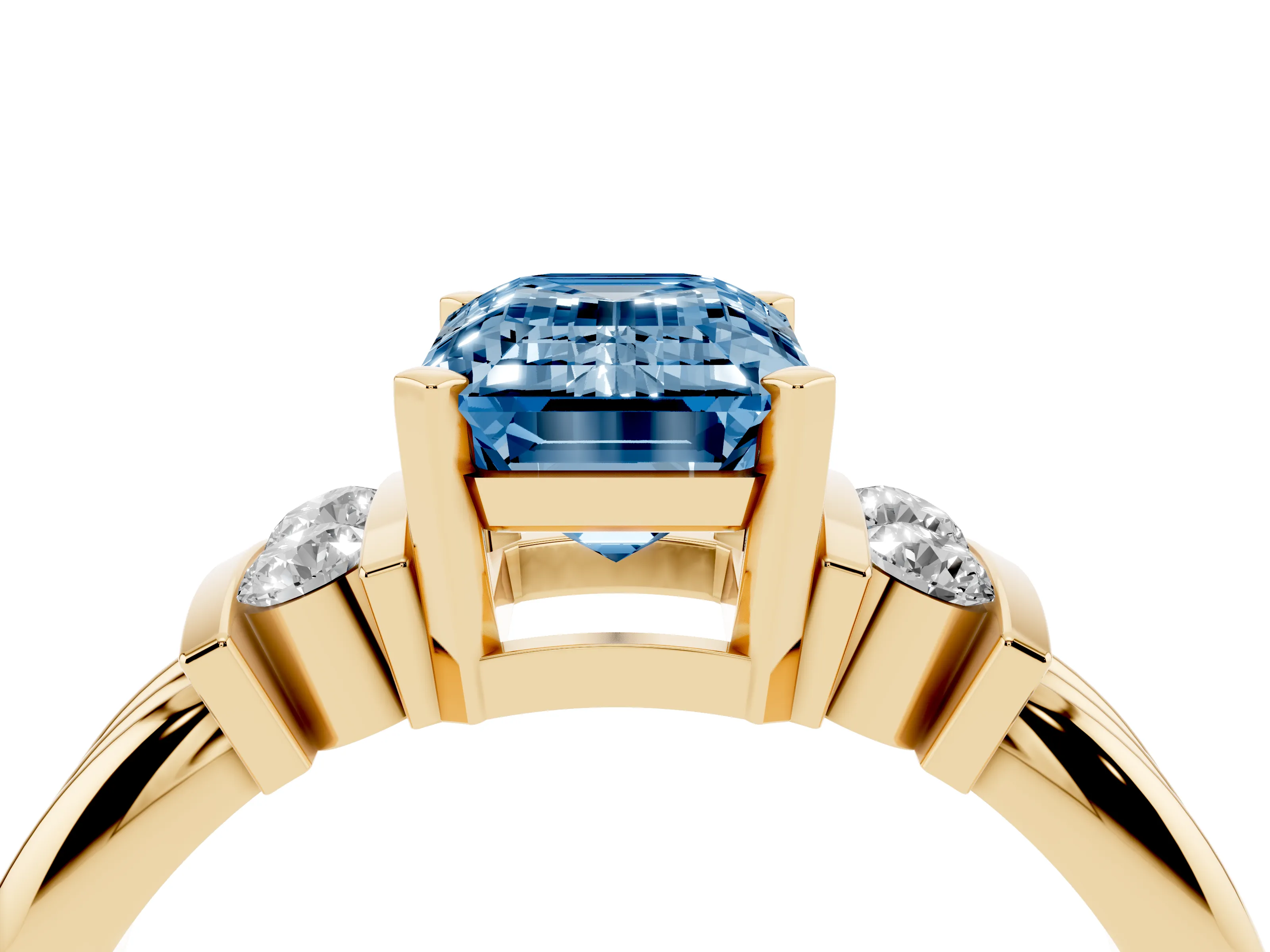 Fancy Blue Three-Stone Emerald Cut Diamond Channel Set Ring Set in Yellow gold with Bar Prongs