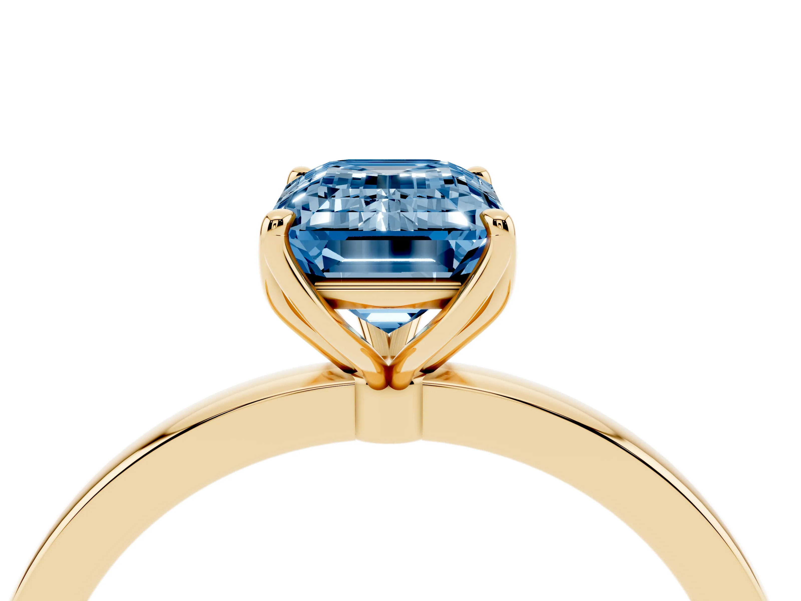 Fancy Blue Emerald Cut Diamond Solitaire Ring Set in Yellow gold with Prong Setting and Thin Polished Band