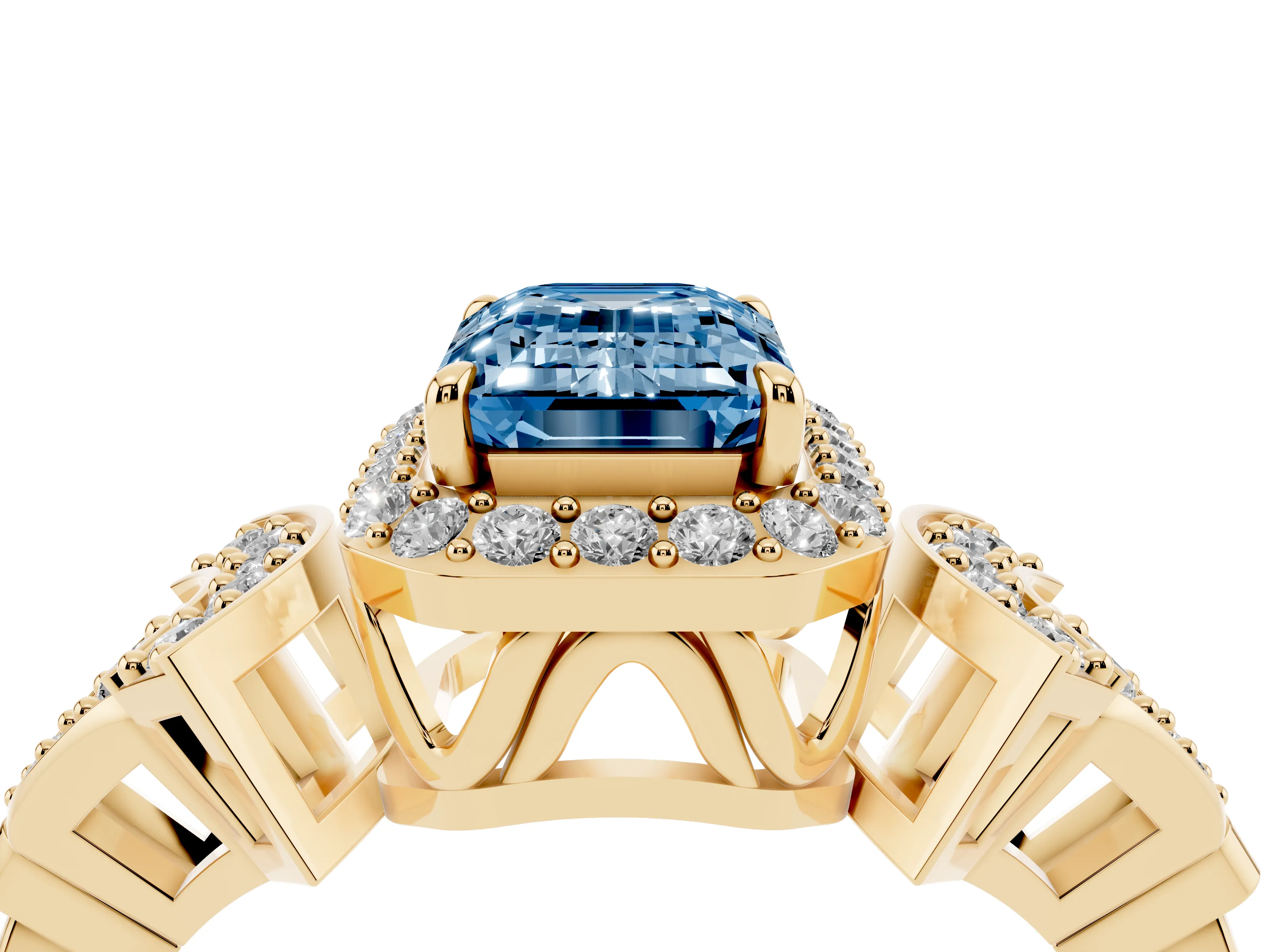 Fancy Blue Emerald Cut Diamond Halo Engagement Ring Set in Yellow gold with Accent Stone Split Shank