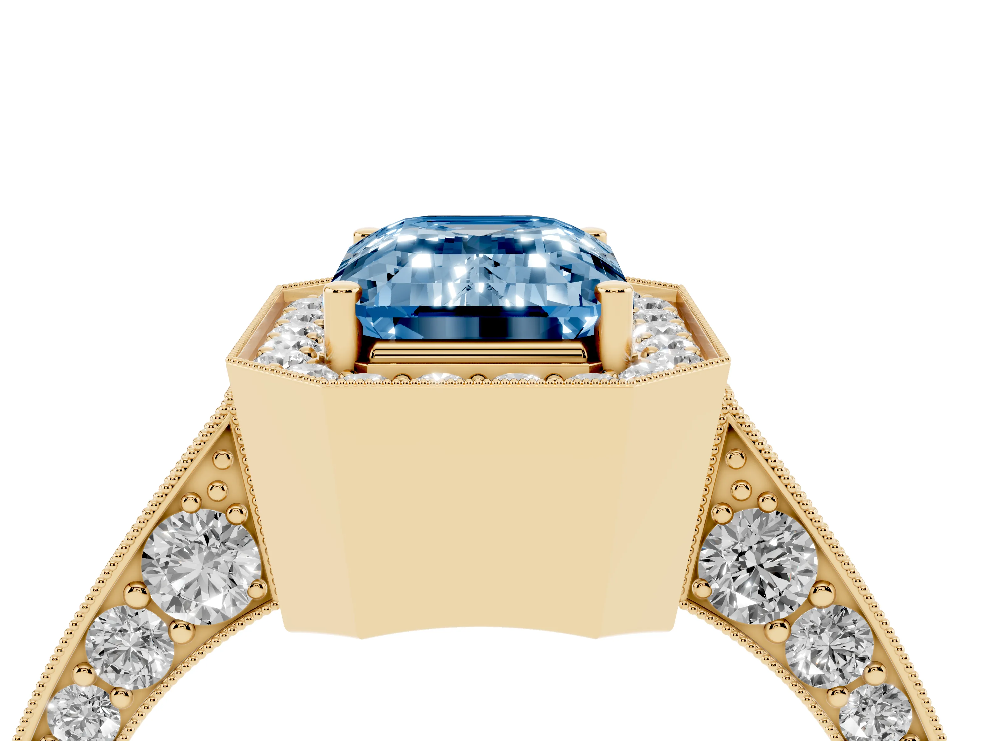 Fancy Blue Emerald Cut Diamond Halo Engagement Ring Set in Yellow gold with Accent Split Shank Band