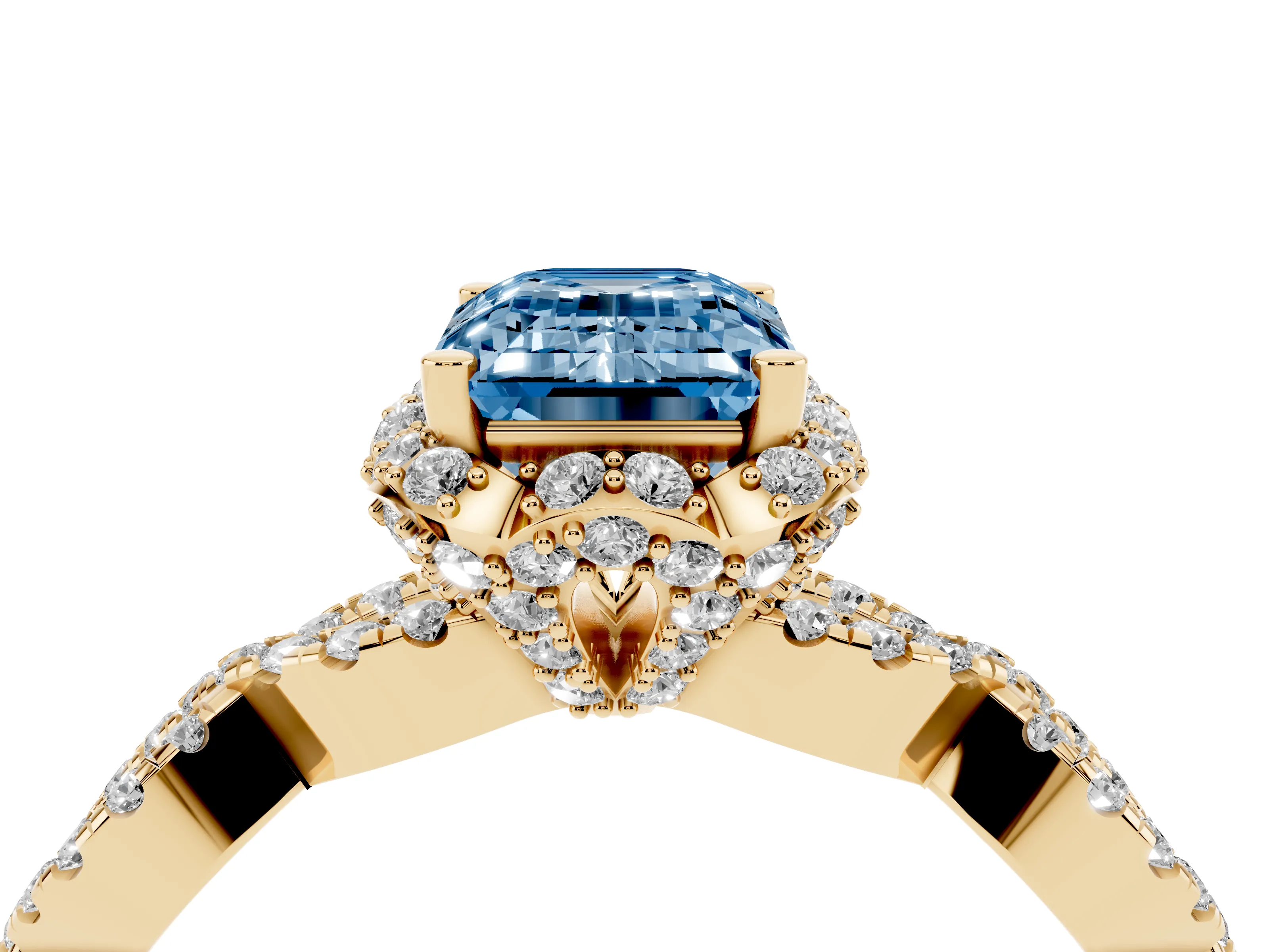 Fancy Blue Emerald Cut Diamond Halo Twist Band Solitaire Ring Set in Yellow gold with Prong-Set Center Stone