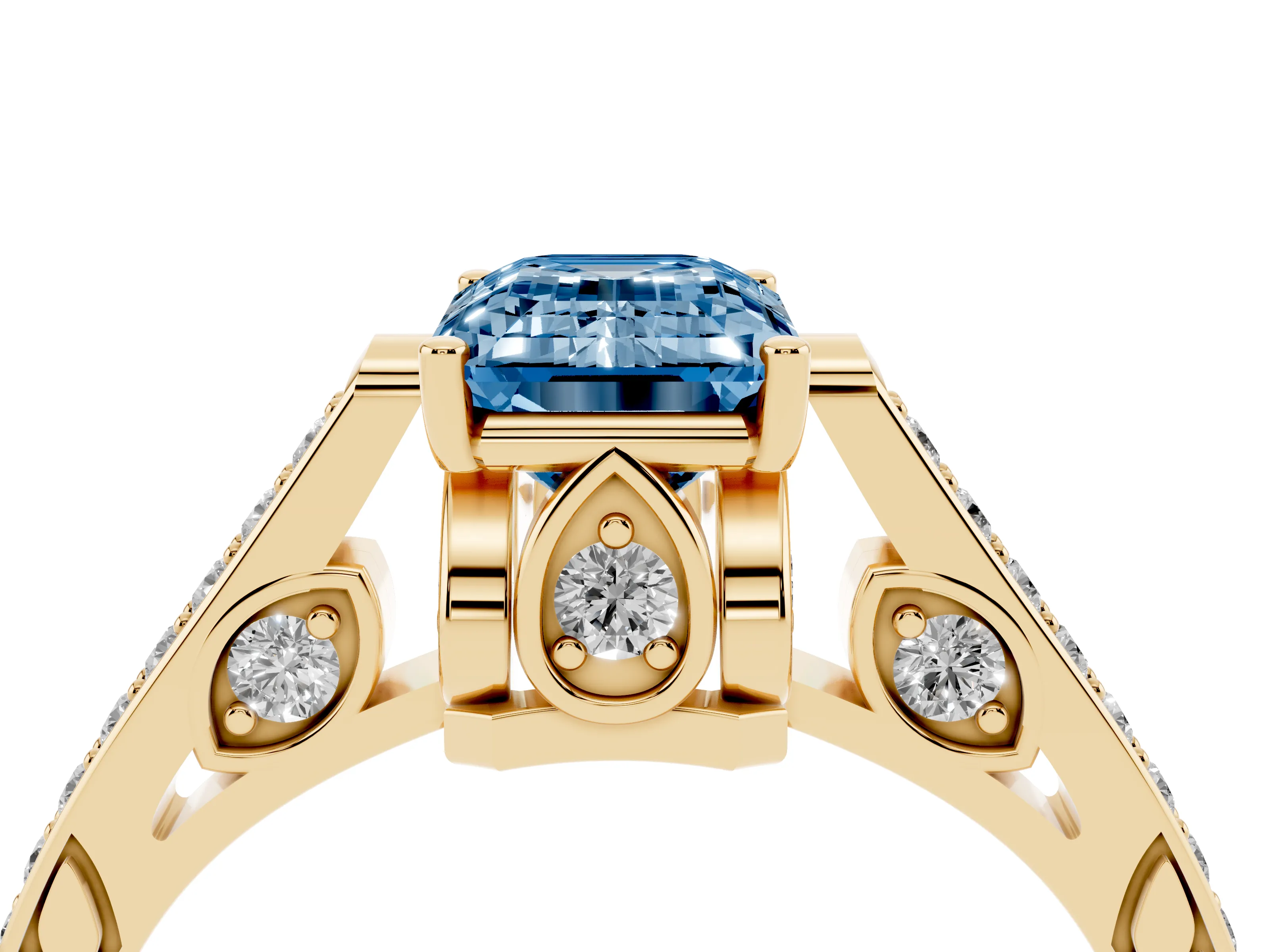 Fancy Blue Emerald Cut Diamond Cathedral Pavé Engagement Ring Set in Yellow gold with Prong Setting
