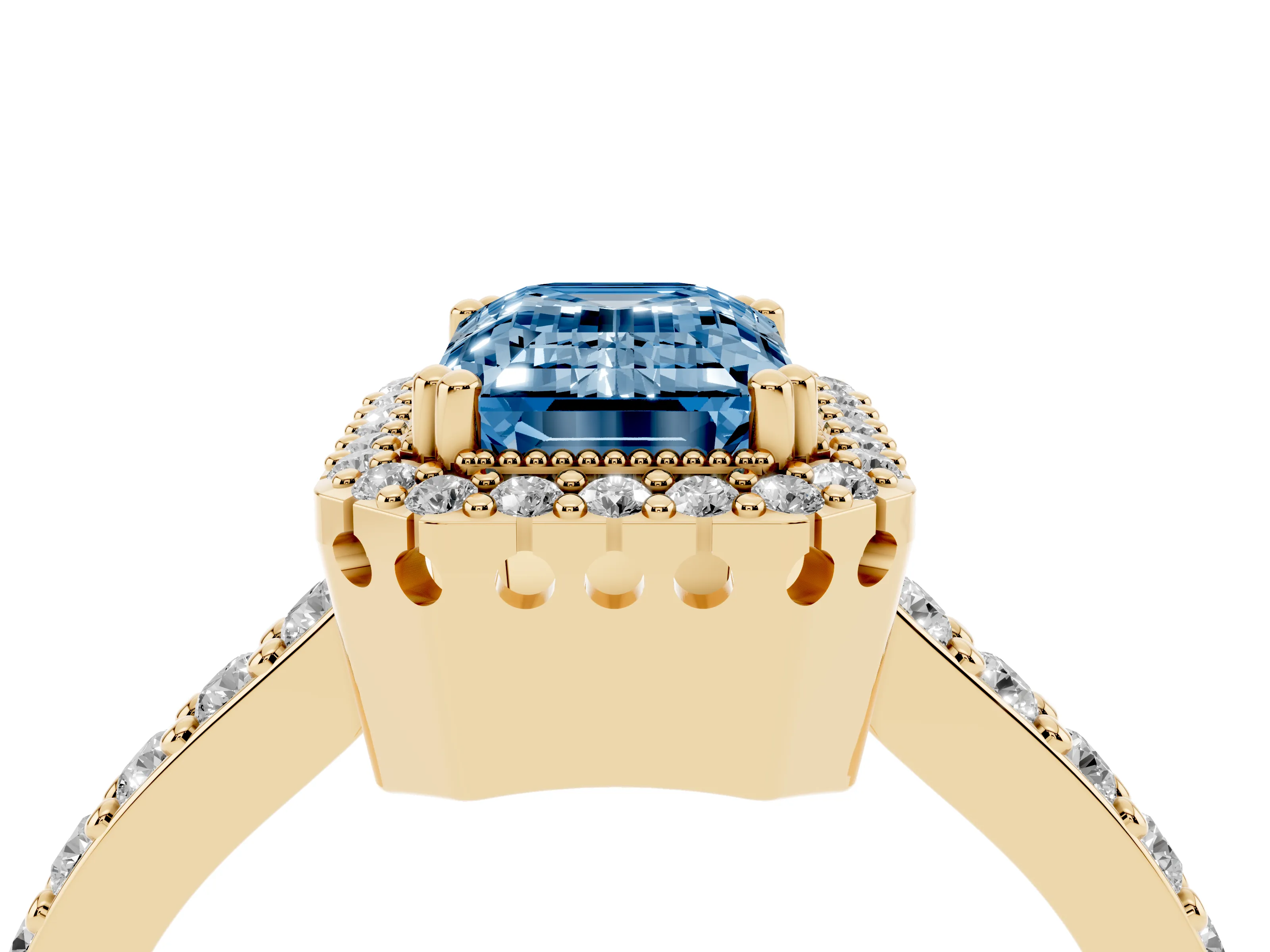 Fancy Blue Emerald Cut Diamond Halo Engagement Ring Set in Yellow gold with Milgrain Detail and Pavé Band
