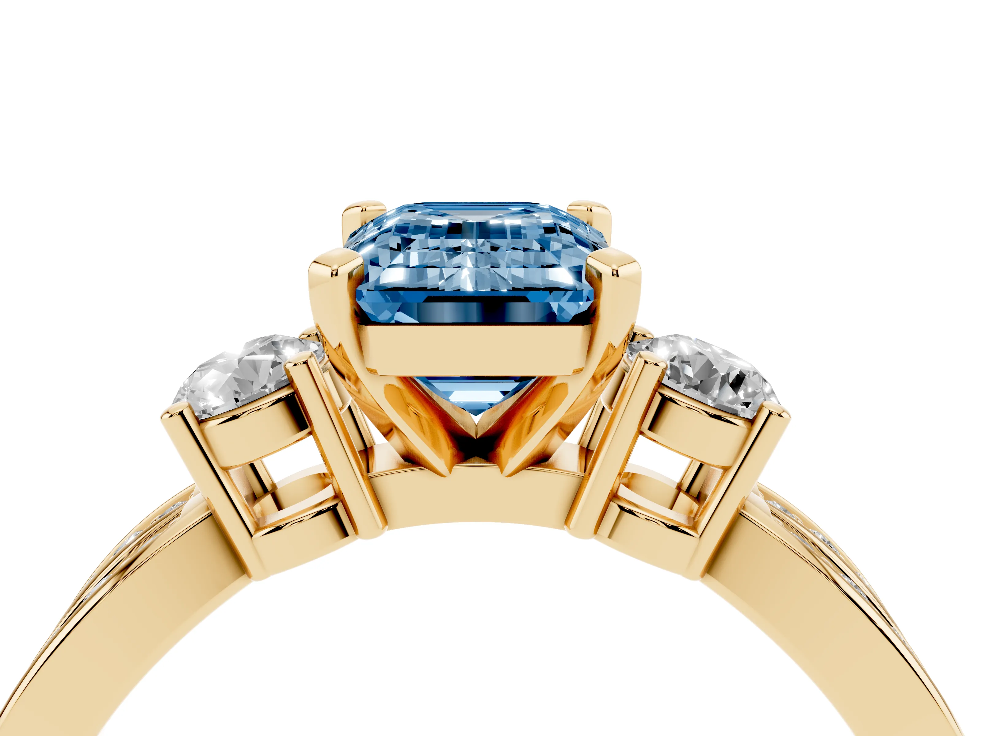 Fancy Blue Three-Stone Emerald Cut Diamond Twist Band Ring Set in Yellow gold with Pavé Accents and Prong Setting