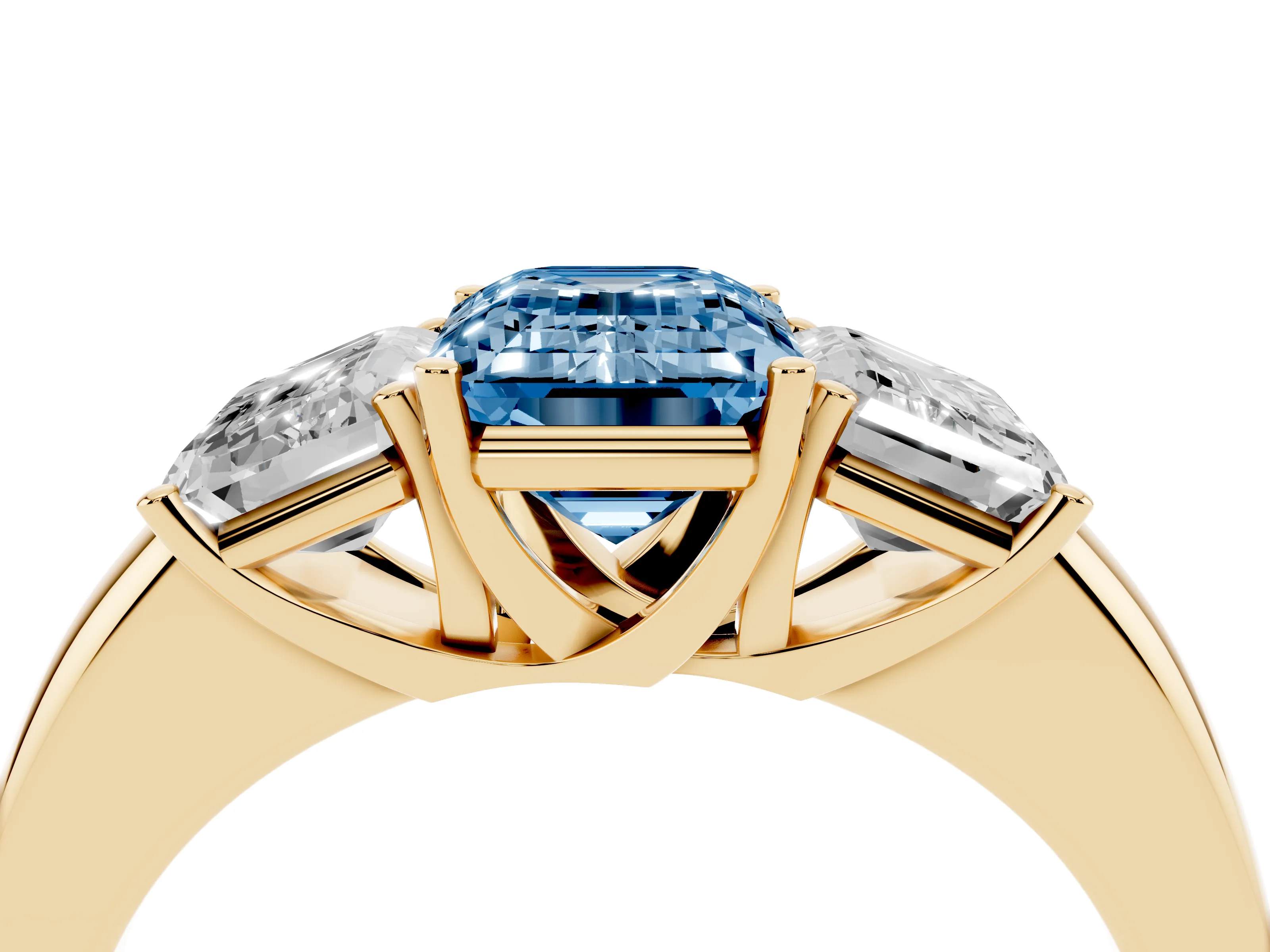 Fancy Blue Emerald Cut Diamond Three-Stone Ring Set in Yellow gold with Bold Center and Classic Band