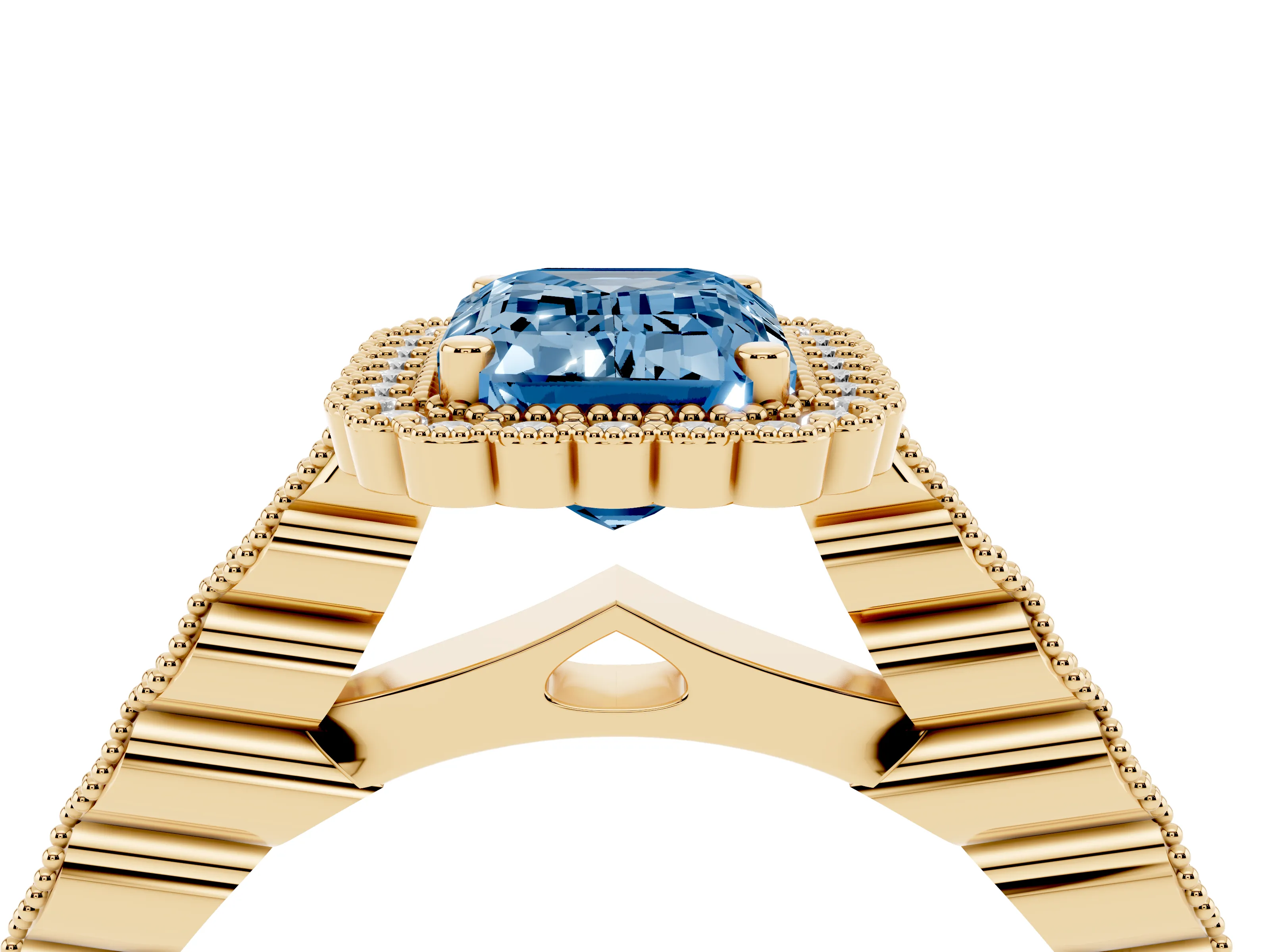 Fancy Blue Emerald Cut Diamond Halo Ring Set in Yellow gold with Pavé Milgrain Band