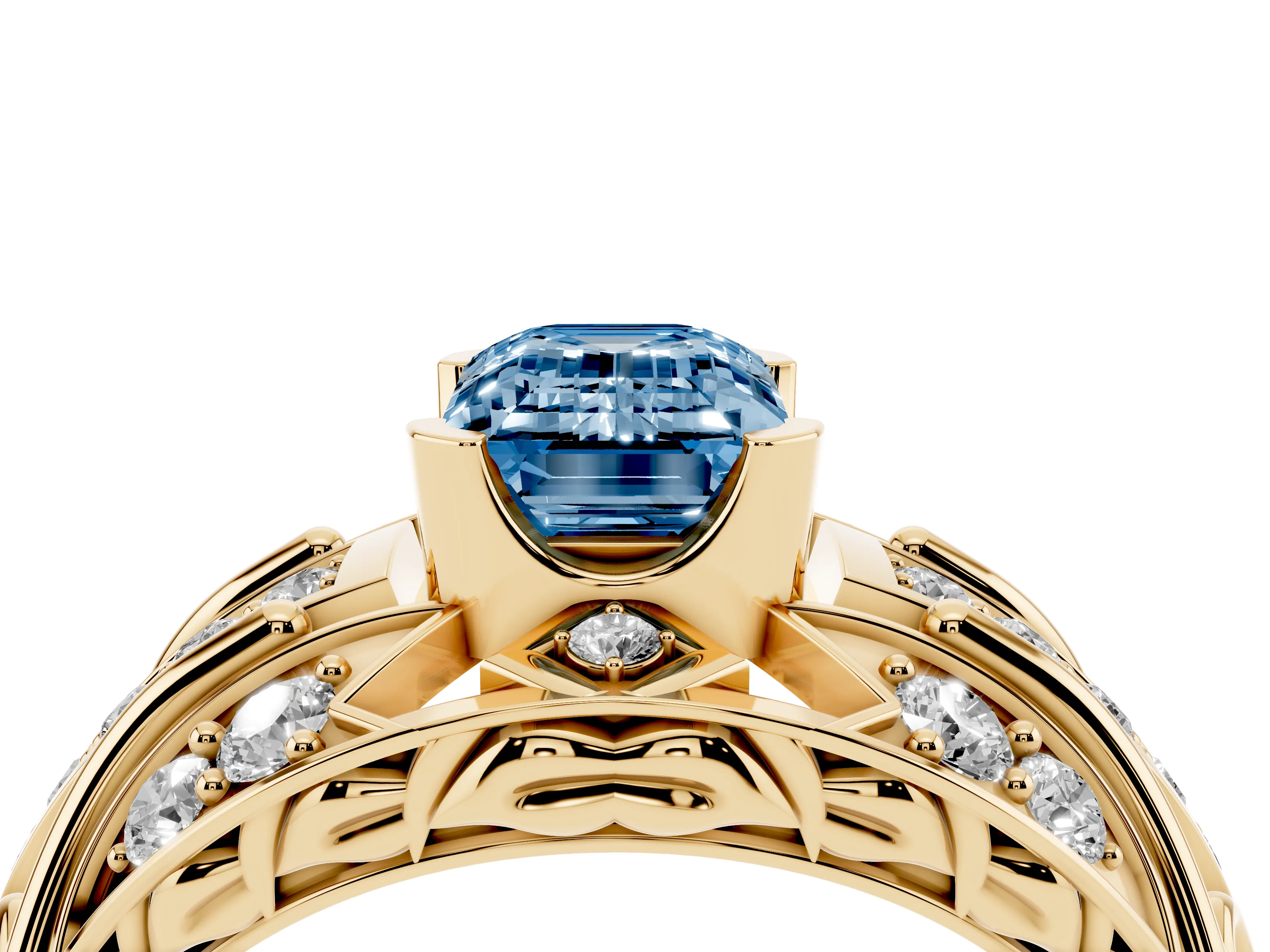 Fancy Blue Emerald Cut Diamond Art Deco Ring Set in Yellow gold with Pavé Split Shank
