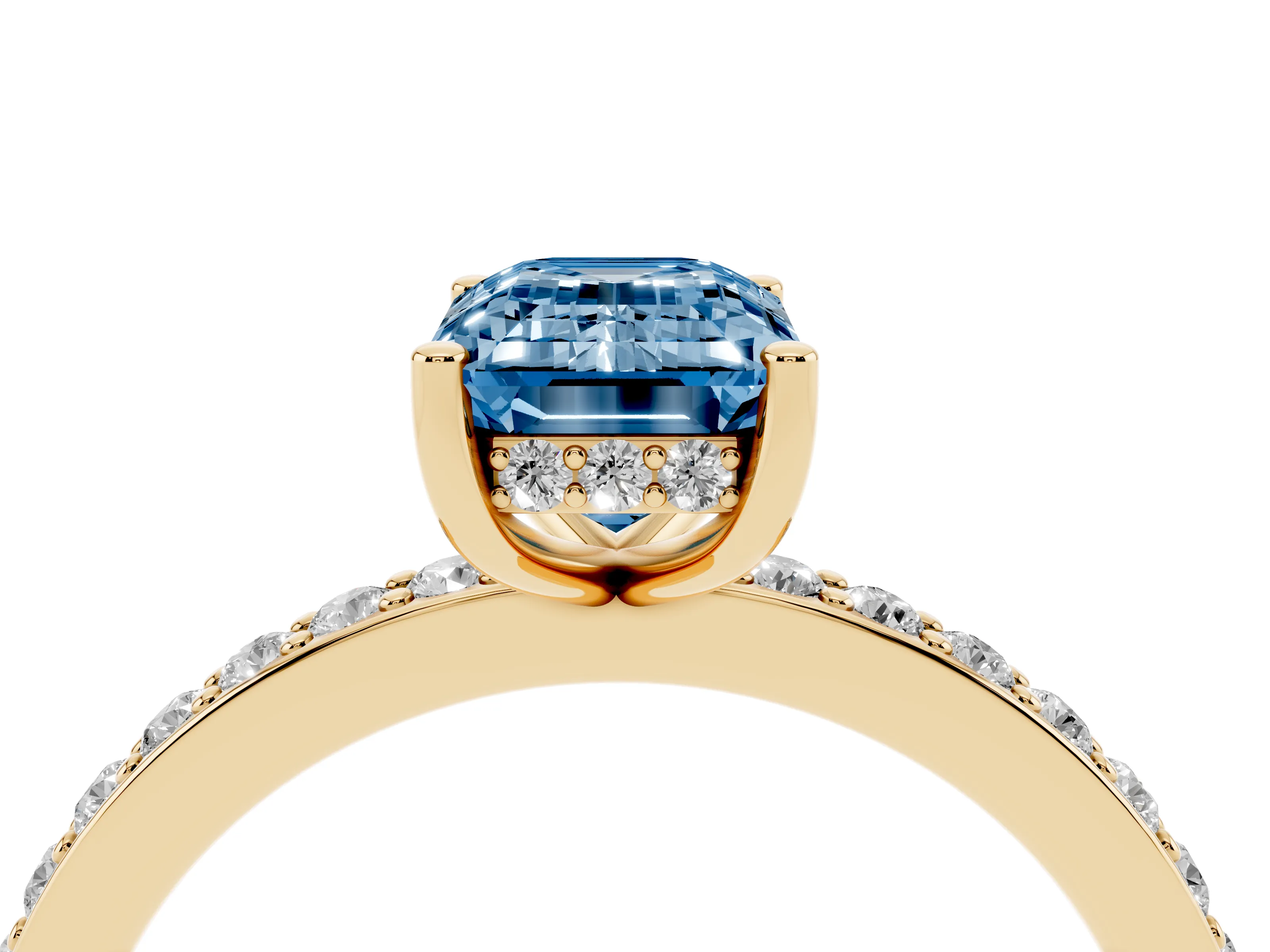 Fancy Blue Emerald Cut Diamond Pavé Band Ring Set in Yellow gold with Prong-Set Center Stone