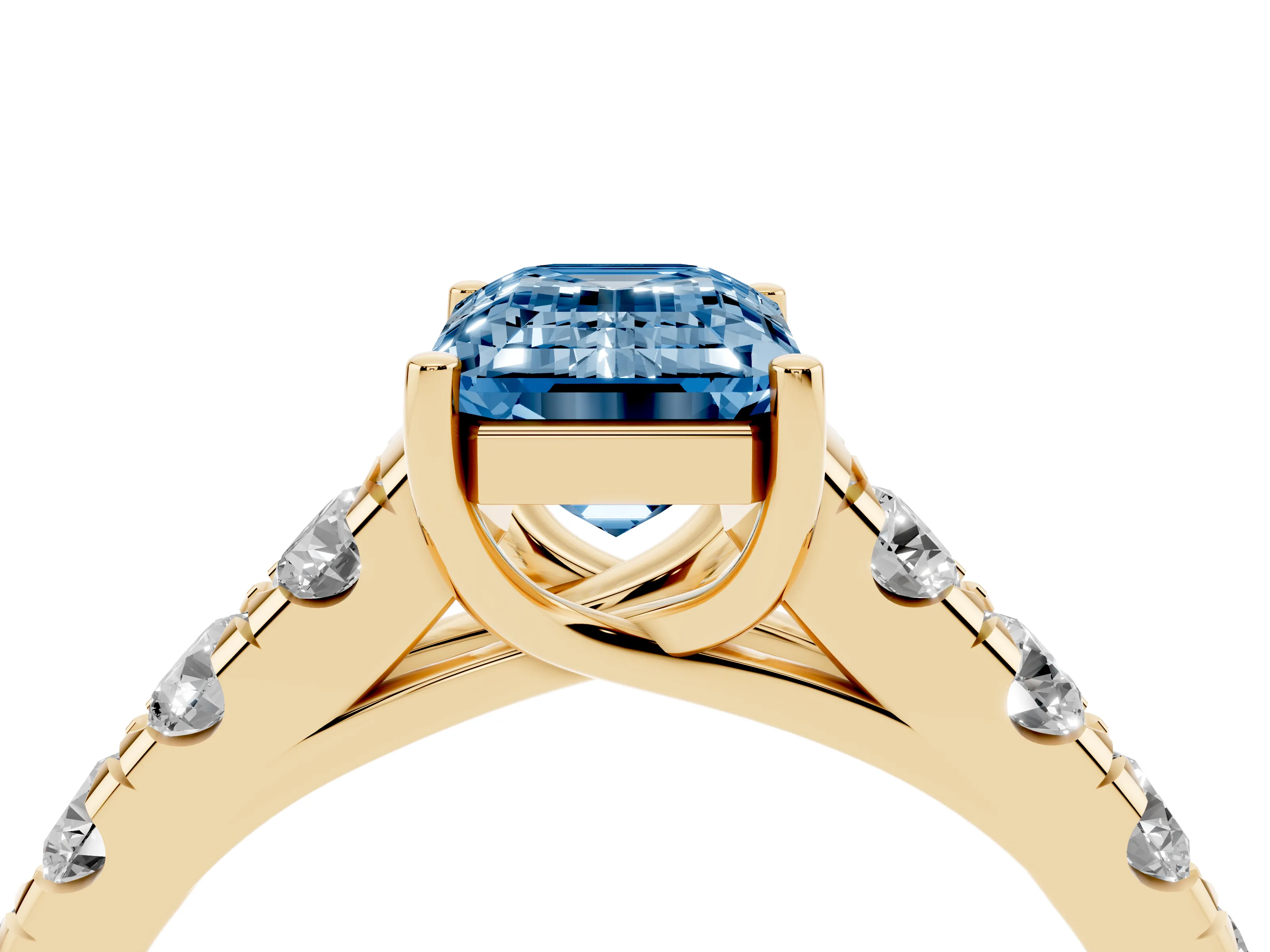 Fancy Blue Emerald Cut Diamond Solitaire Ring Set in Yellow gold with Cut-Down Micro Pavé Band and Prong Setting