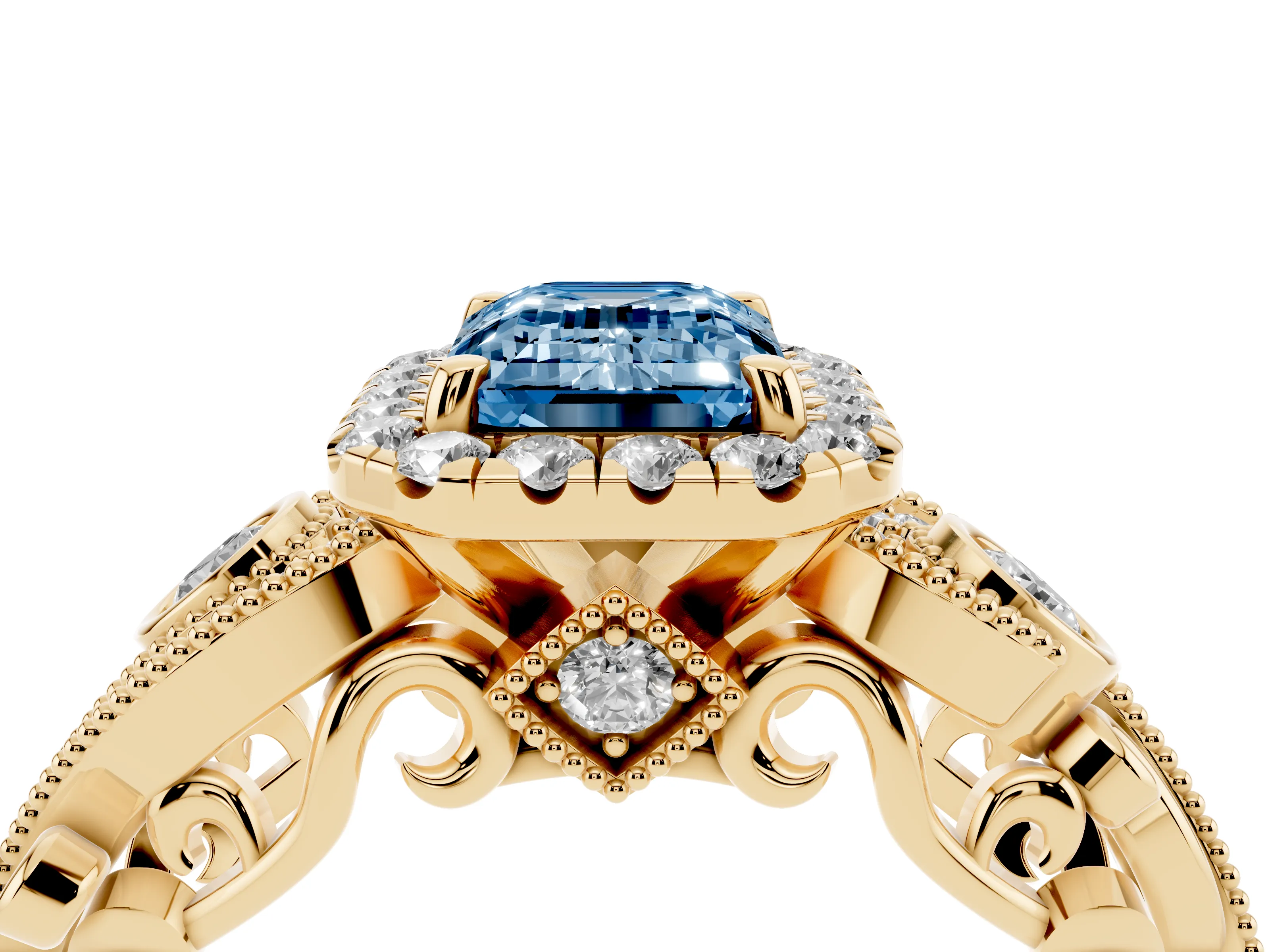 Fancy Blue Emerald Cut Diamond Halo Ring Set in Yellow gold with Milgrain Pavé Band and Prong Setting