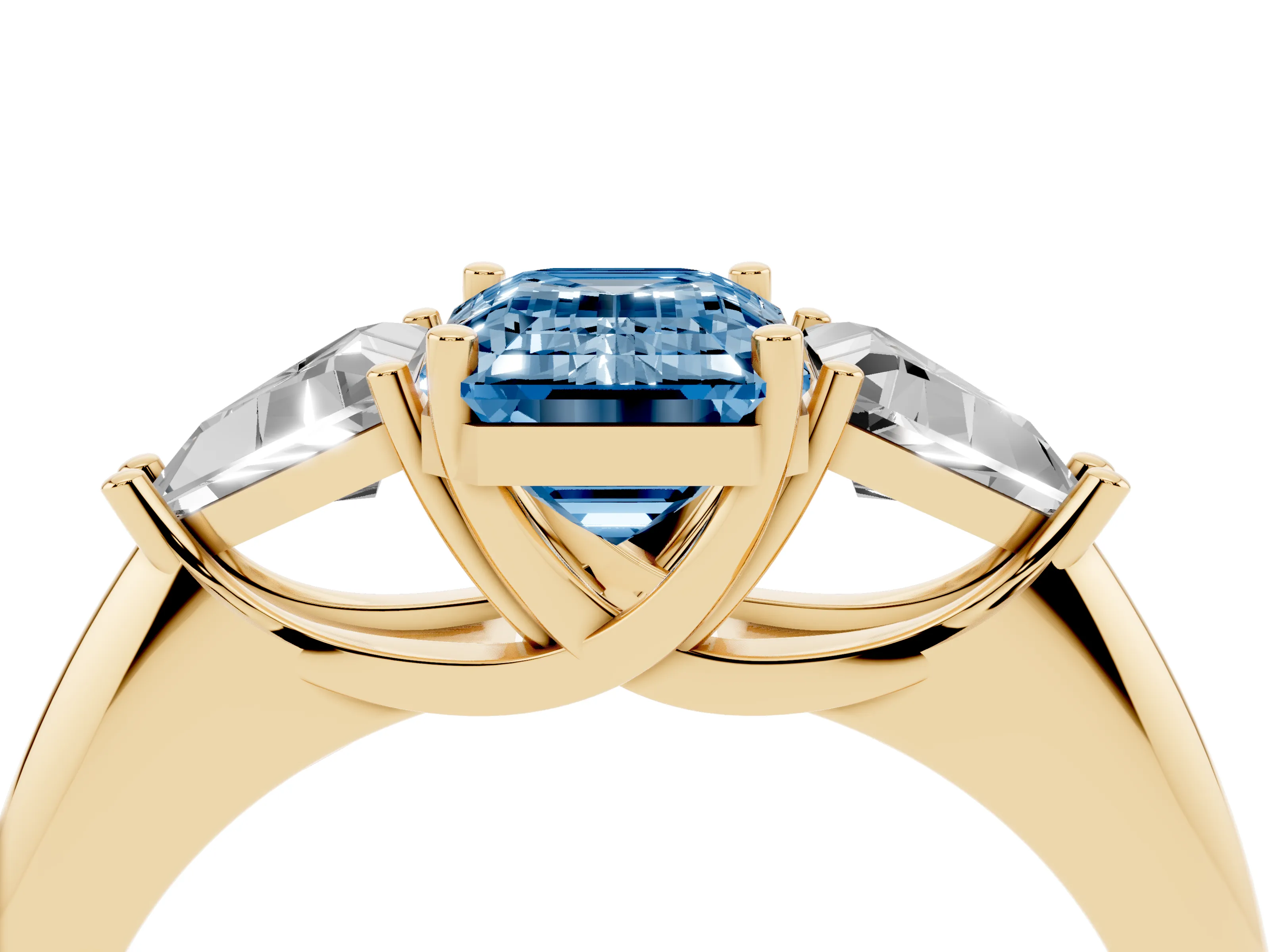 Fancy Blue Emerald Cut Diamond Three-Stone Engagement Ring Set in Yellow gold with Trillion Side Stones