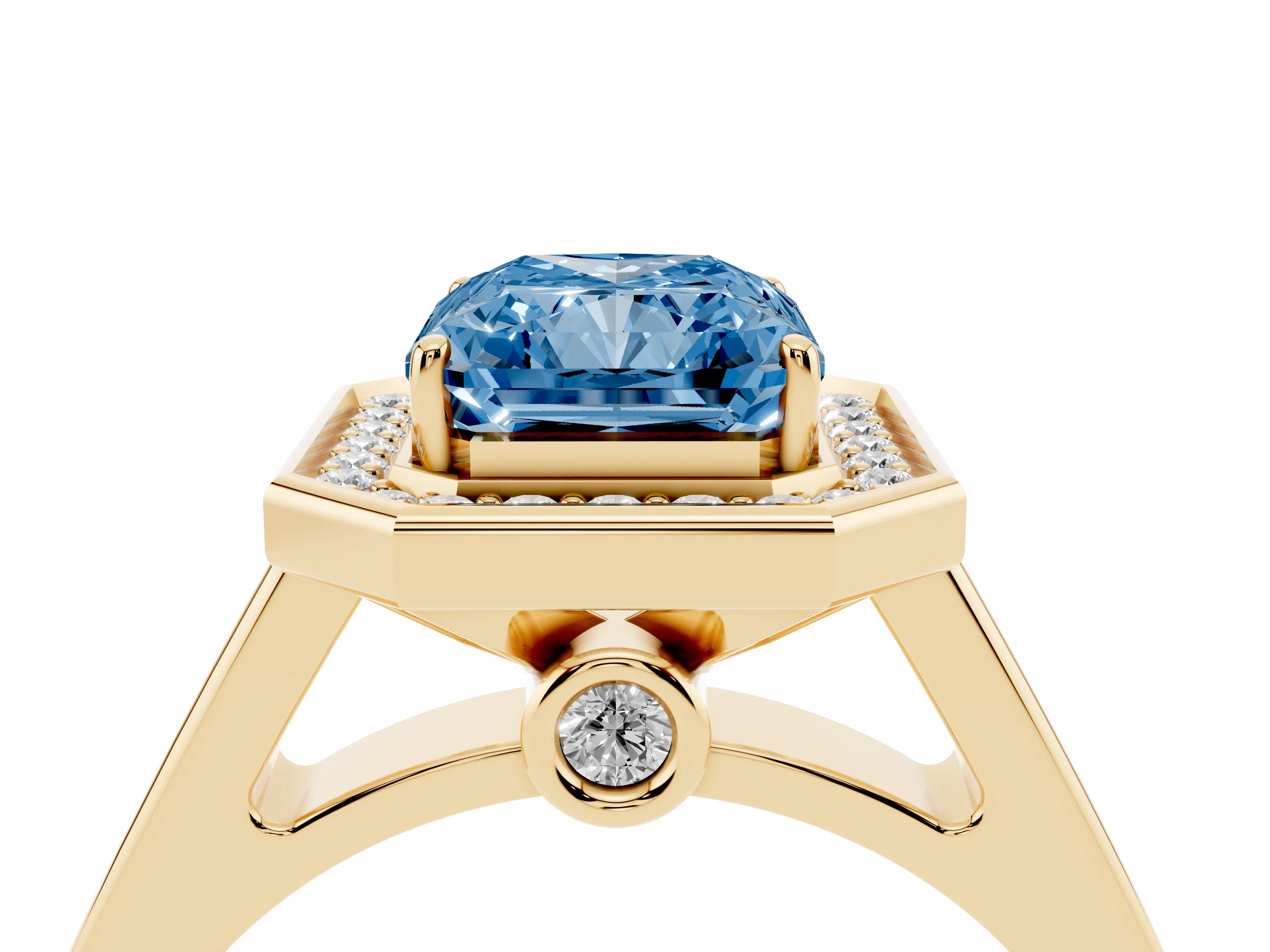 Fancy Blue Emerald Cut Diamond Halo Solitaire Ring Set in Yellow gold with Pavé Band and Bezel Setting