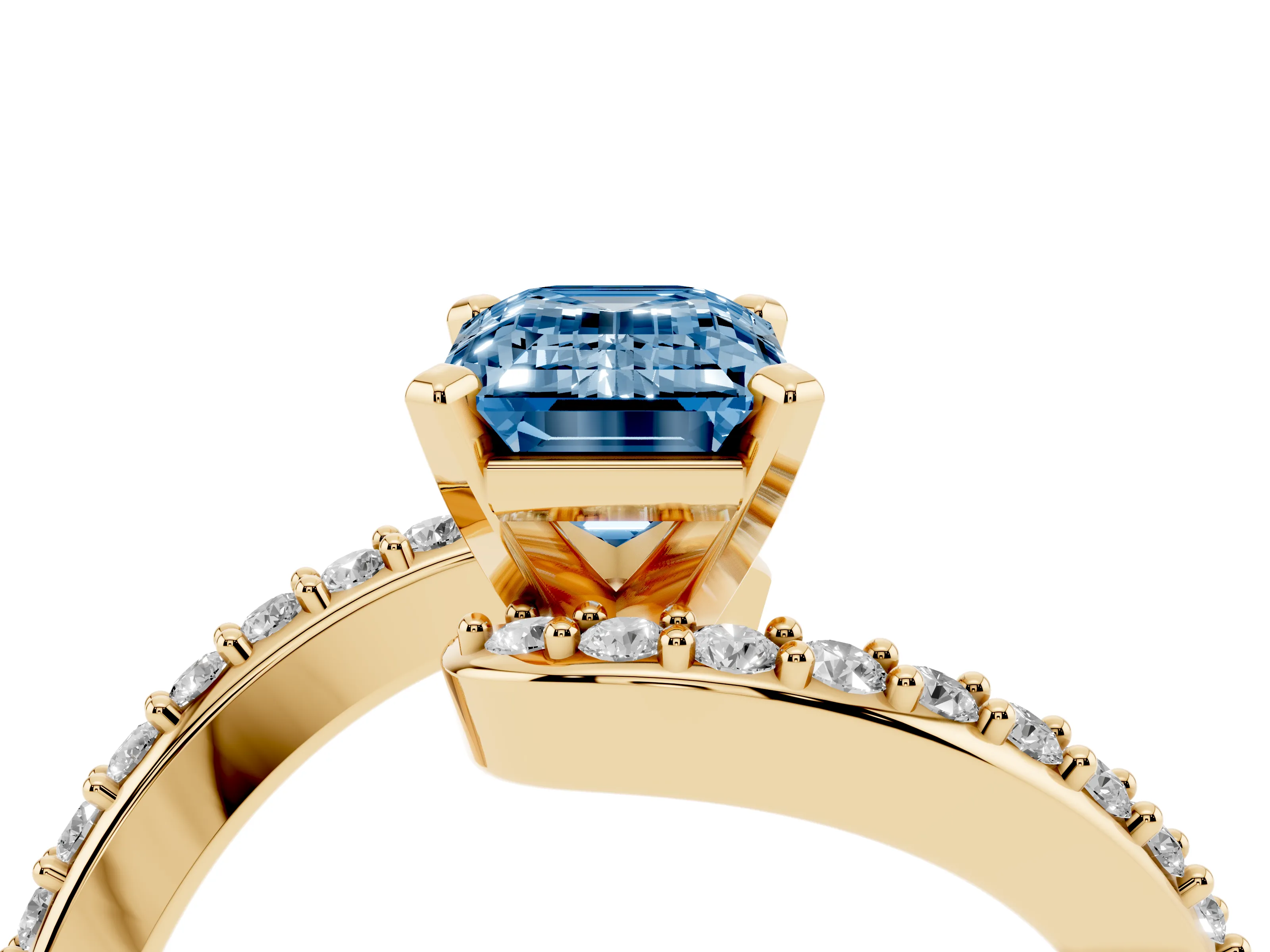 Fancy Blue Emerald Cut Diamond Solitaire Ring Set in Yellow gold with Pavé Twist Band and Prong Setting