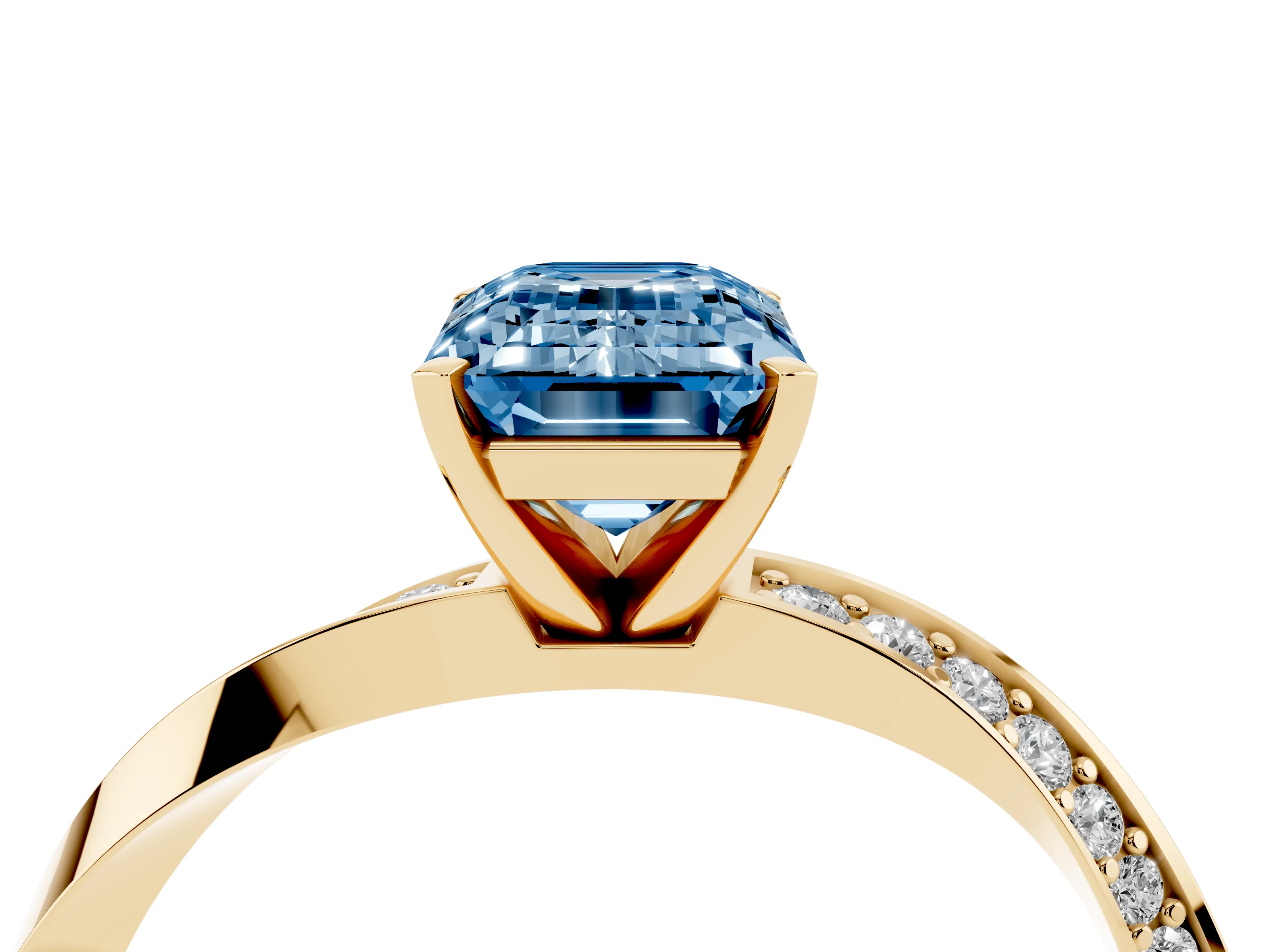 Fancy Blue Emerald Cut Diamond Engagement Ring Set in Yellow gold with Side Stone Accents and Prong Setting