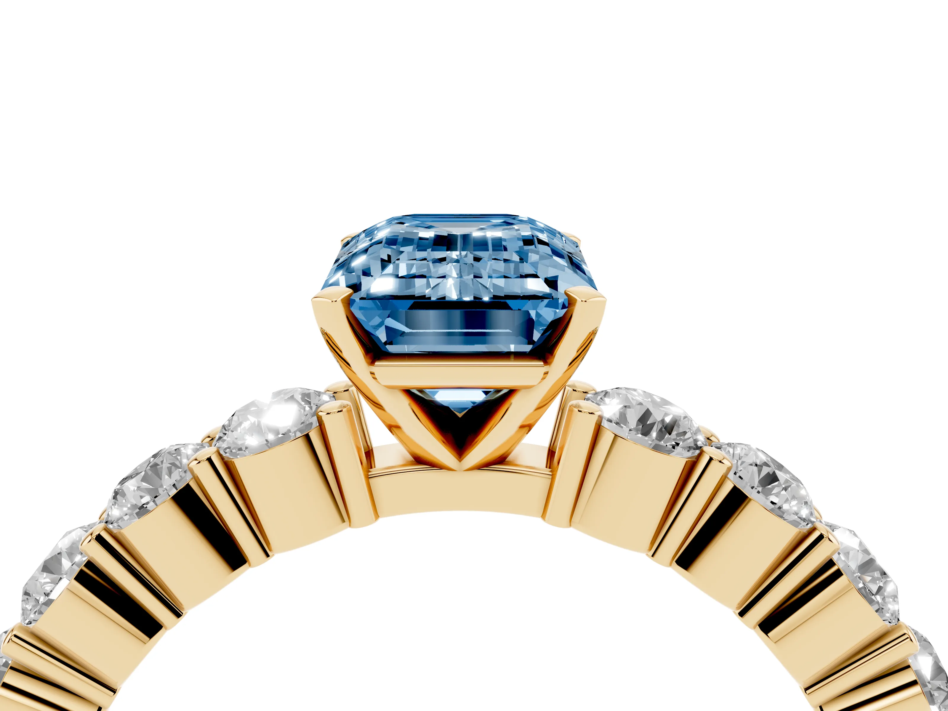 Fancy Blue Emerald Cut Diamond Solitaire Ring Set in Yellow gold with Shared Prong Round Side Stones