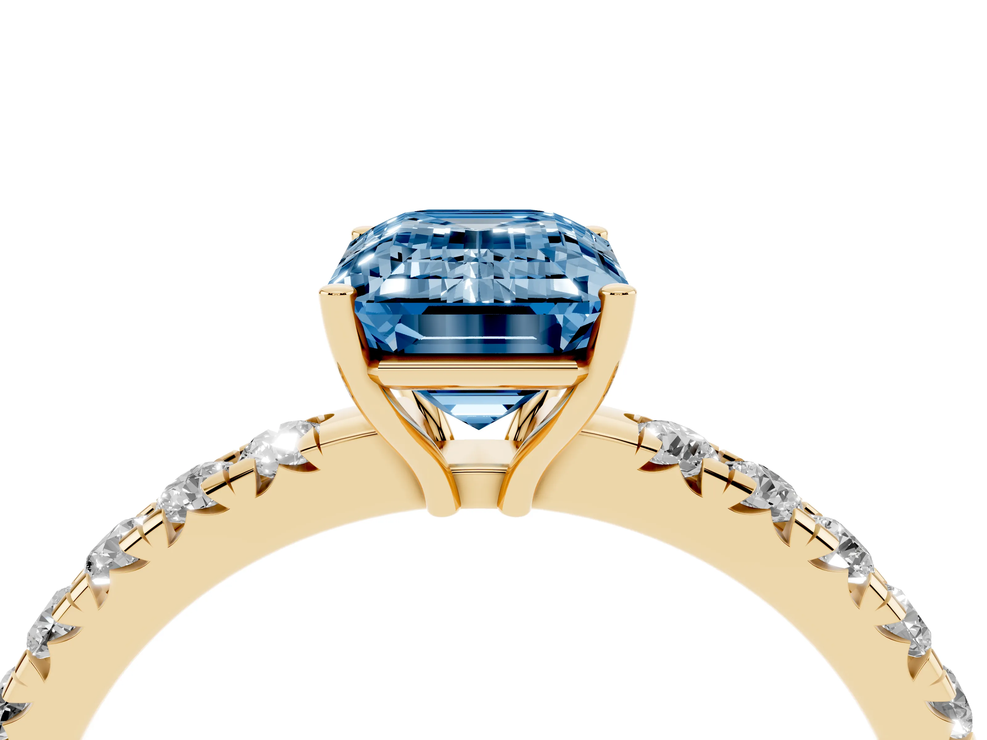 Fancy Blue Emerald Cut Diamond Pavé Solitaire Engagement Ring Set in Yellow gold with Prong Setting
