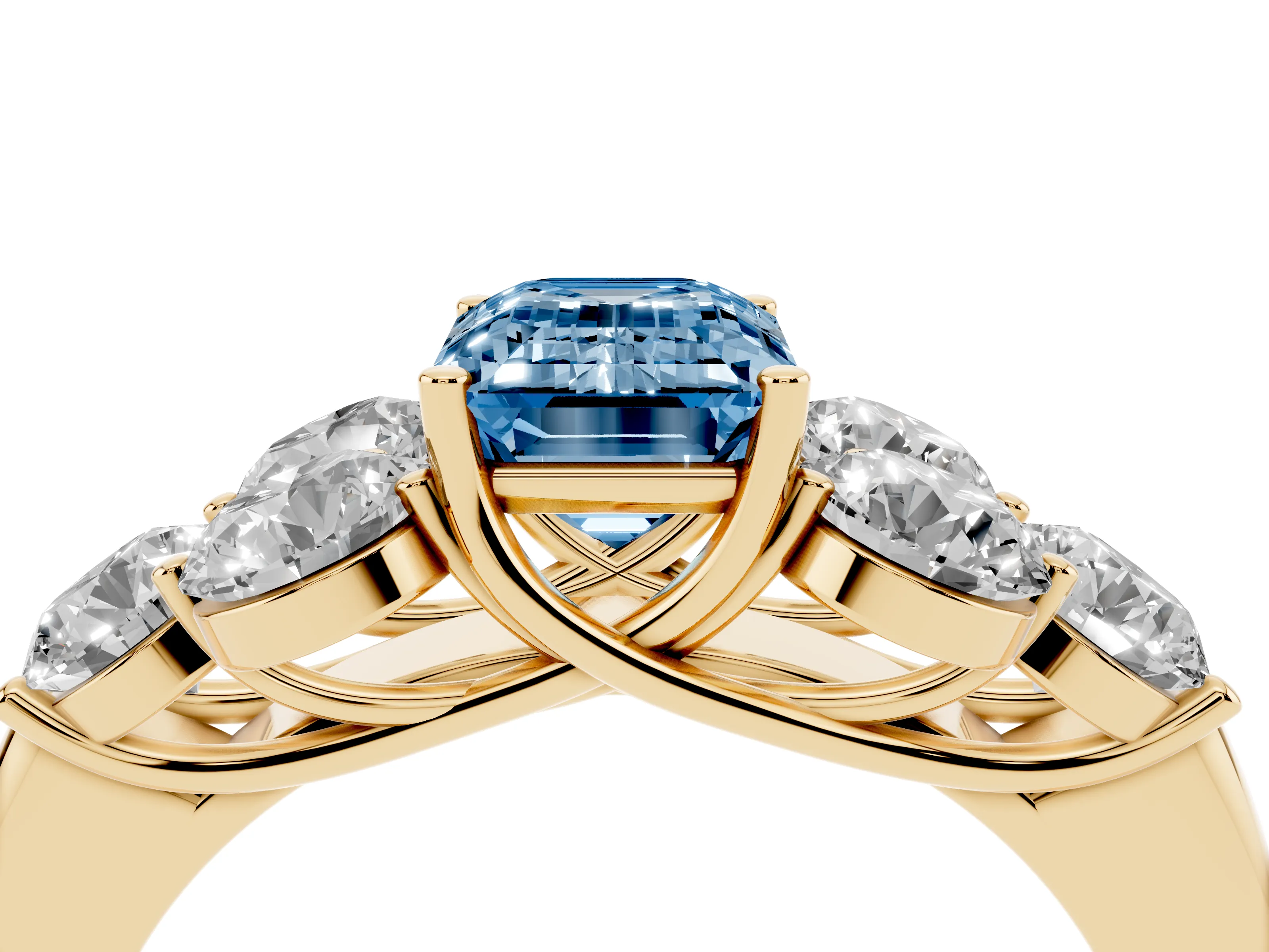 Fancy Blue Emerald Cut Diamond Cluster Ring Set in Yellow gold with Round Accent Stones and Prong Setting on a Plain Band