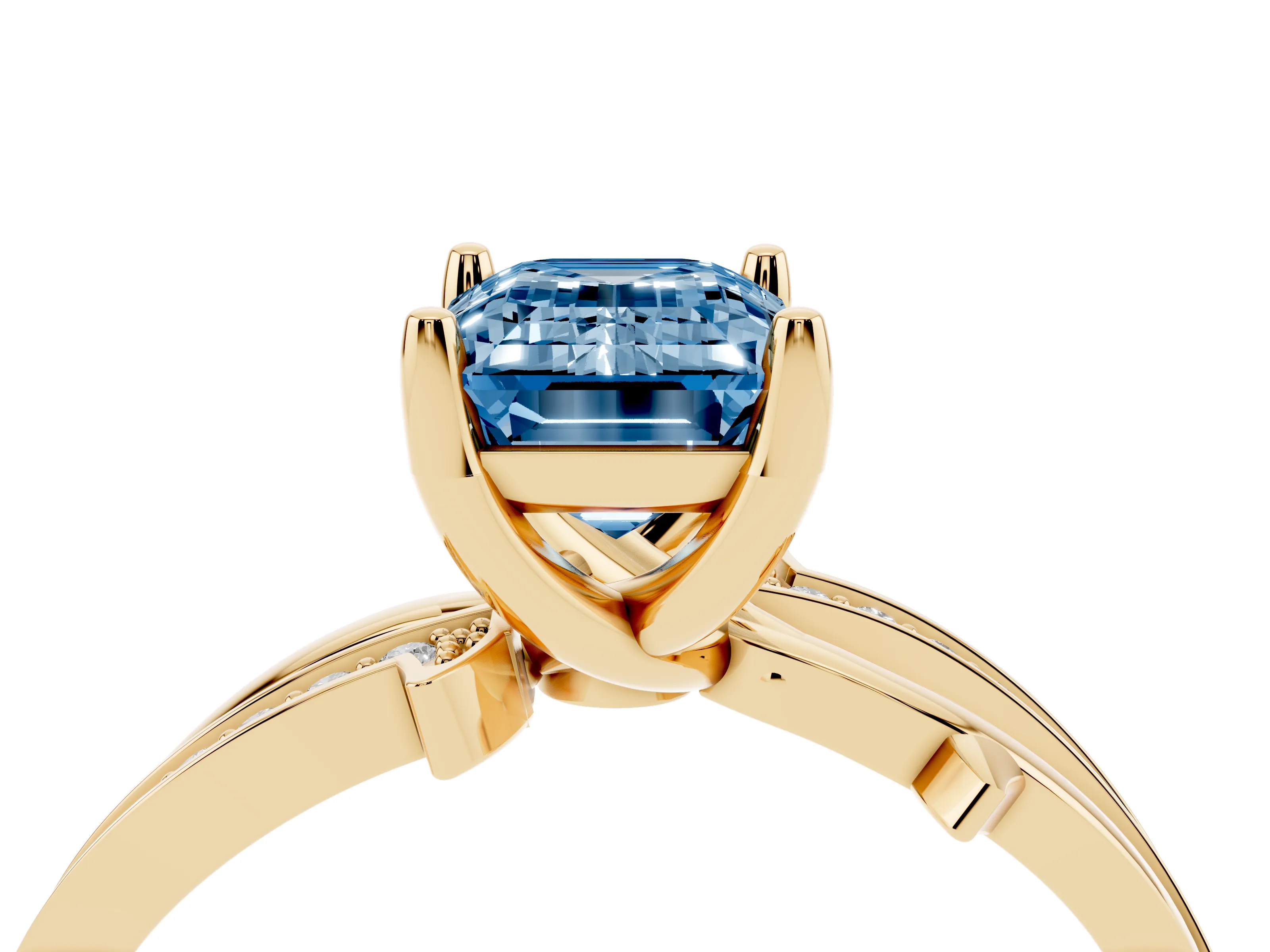Fancy Blue Emerald Cut Diamond Pavé Twist Band Solitaire Ring Set in Yellow gold with Prong Setting