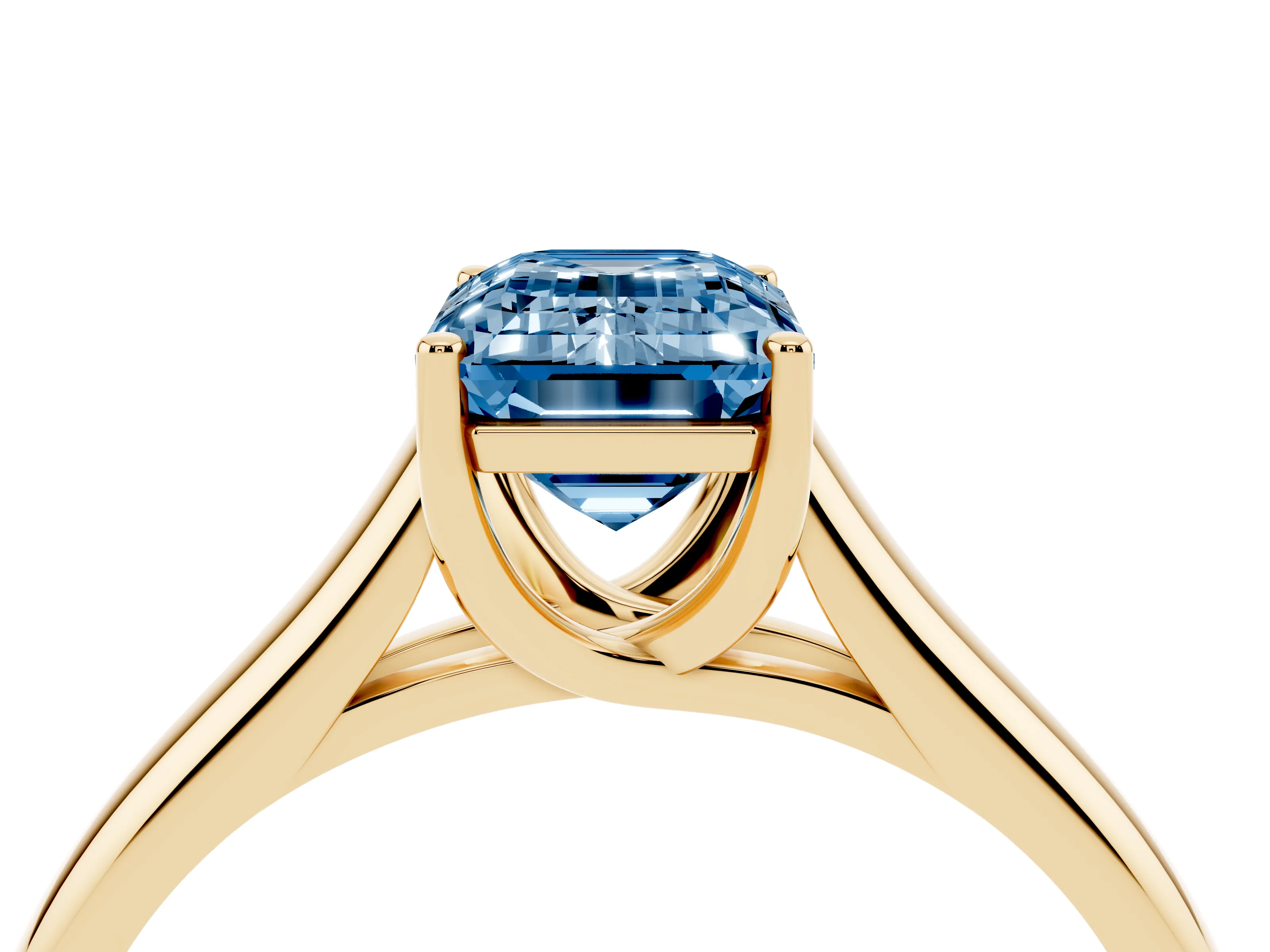 Fancy Blue Emerald Cut Diamond Solitaire Engagement Ring Set in Yellow gold with Subtly Tapered Band and Prong Setting