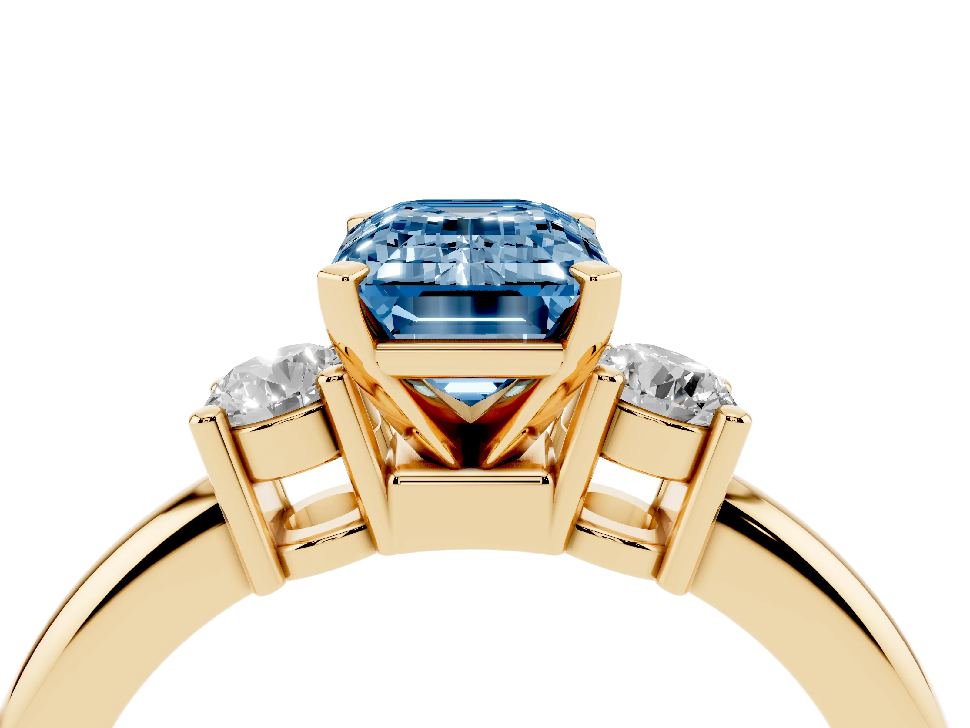 Fancy Blue Three-Stone Emerald Cut Diamond Ring Set in Yellow gold with Prong Setting and Plain Band