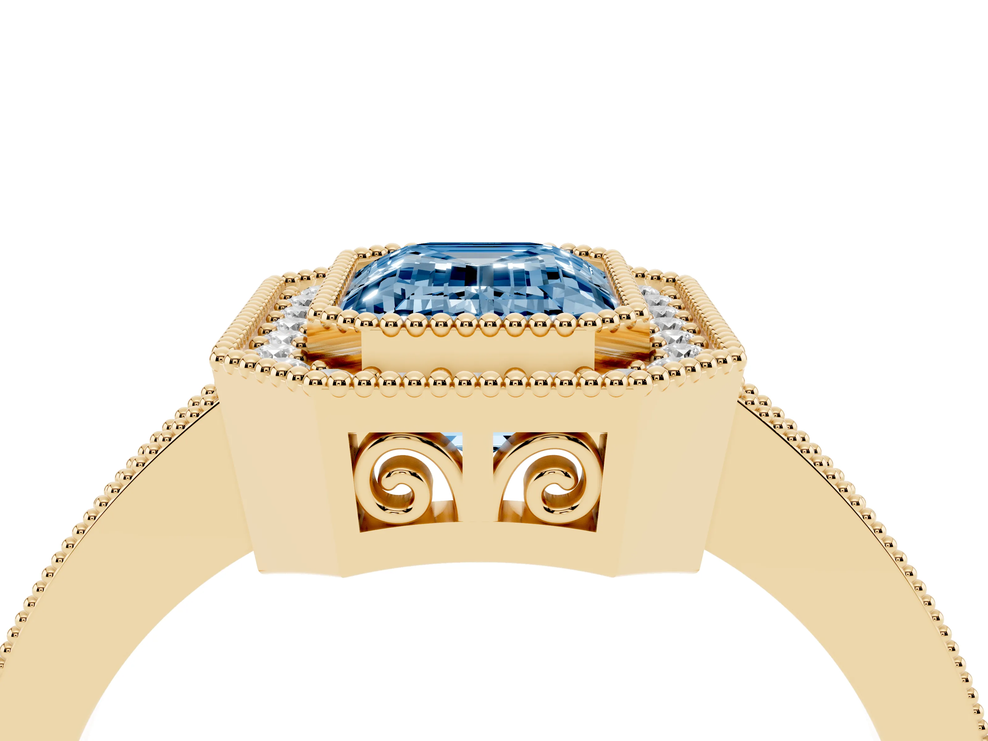 Fancy Blue Emerald Cut Diamond Round Halo Ring Set in Yellow gold with Pavé Band