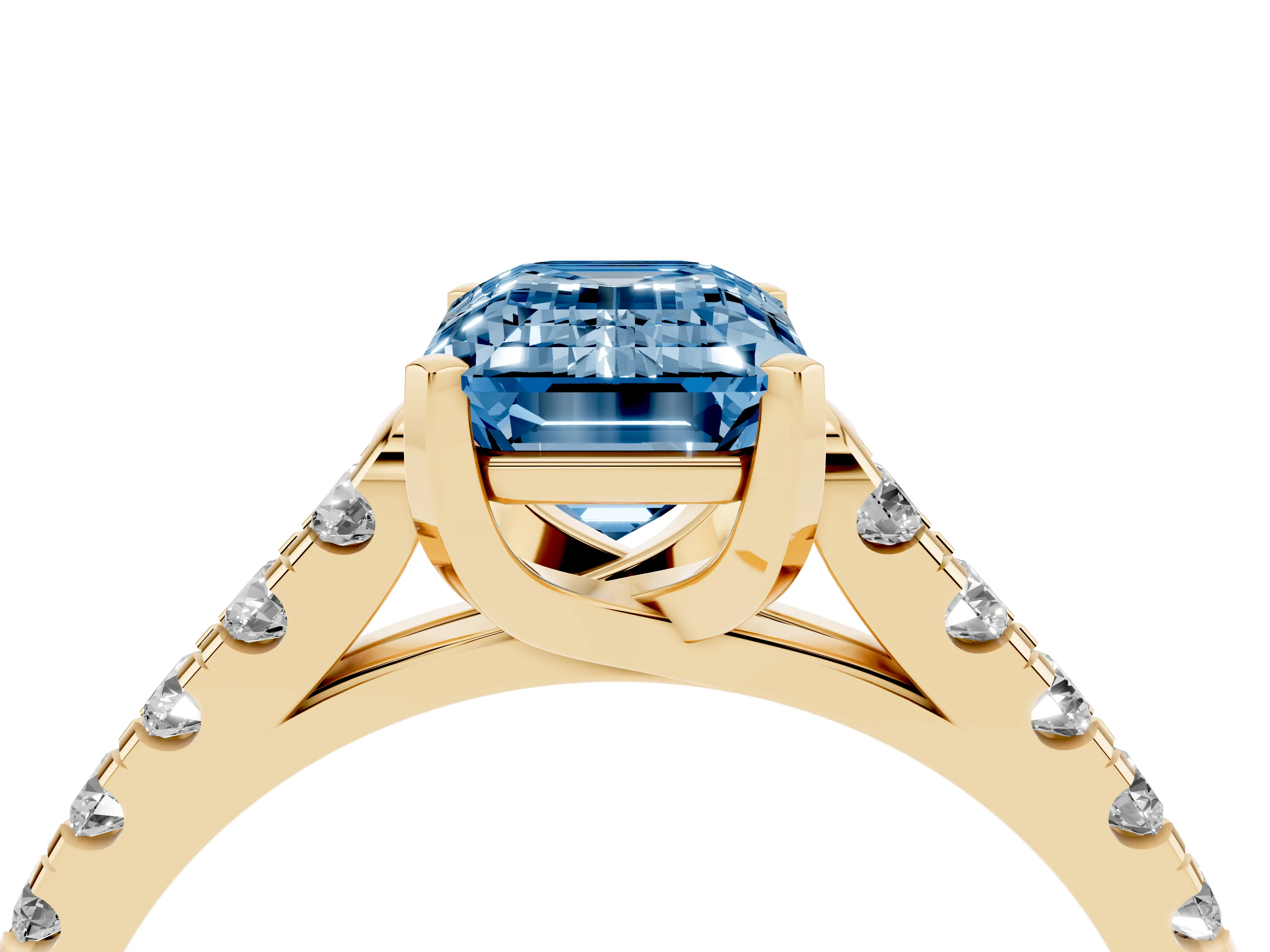 Fancy Blue Emerald Cut Diamond Pavé Band Solitaire Ring Set in Yellow gold with Partway Accent Stones and Prong Setting