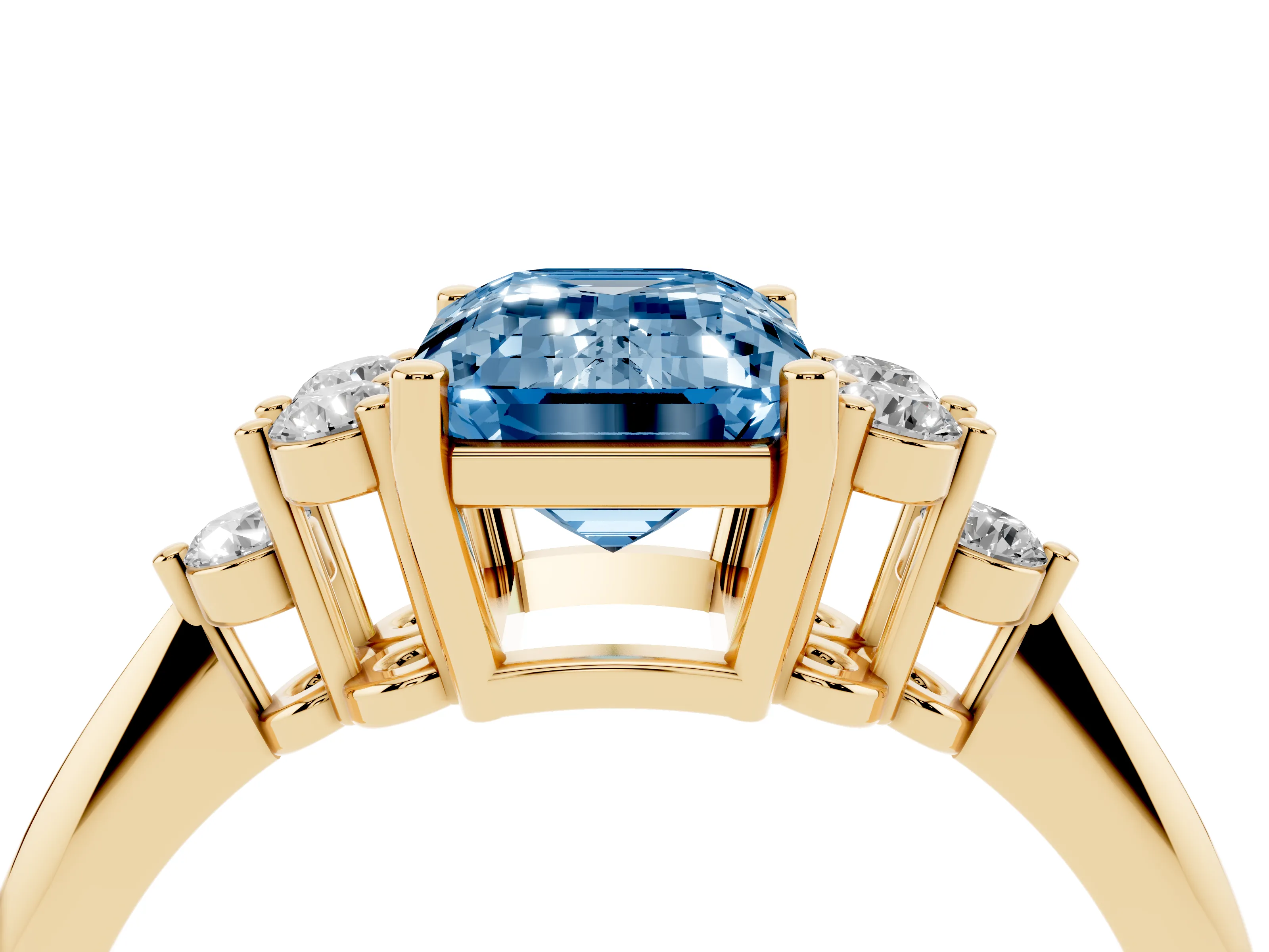 Fancy Blue Emerald Cut Diamond Cluster Ring Set in Yellow gold with Plain Band and Prong Setting