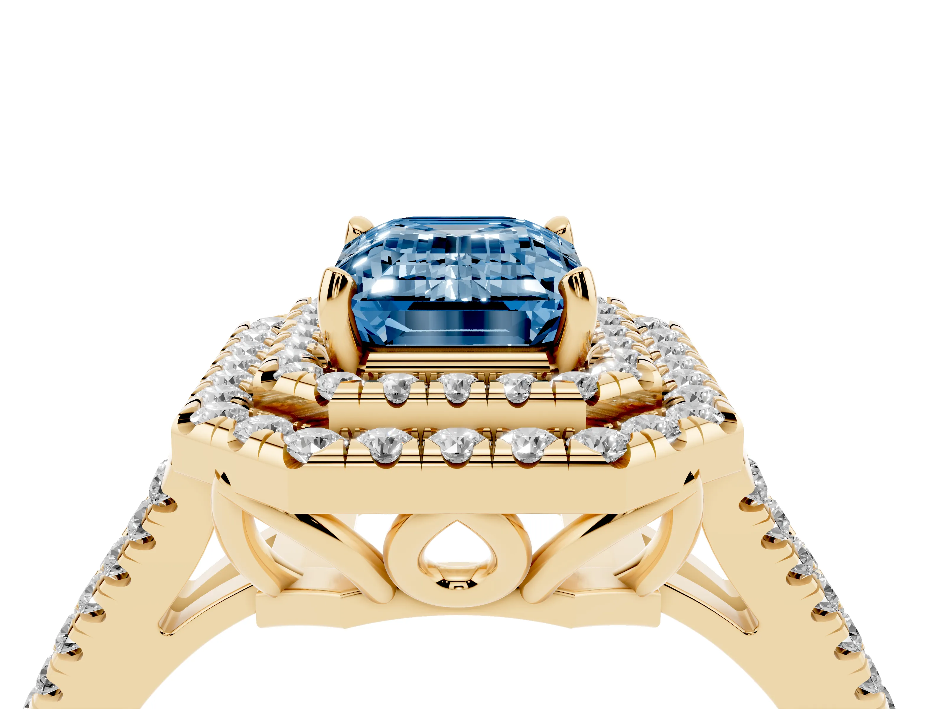 Fancy Blue Emerald Cut Diamond Double Halo Ring Set in Yellow gold with Pavé Band