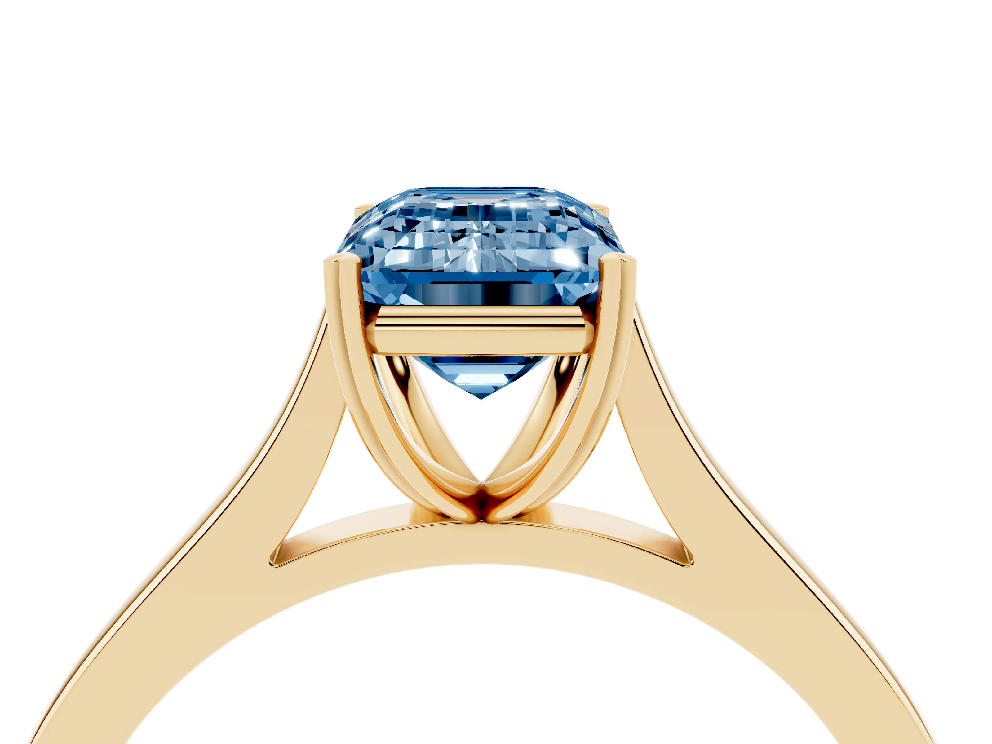 Fancy Blue Emerald Cut Diamond Solitaire Heart Prong Engagement Ring Set in Yellow gold with Tapered Band